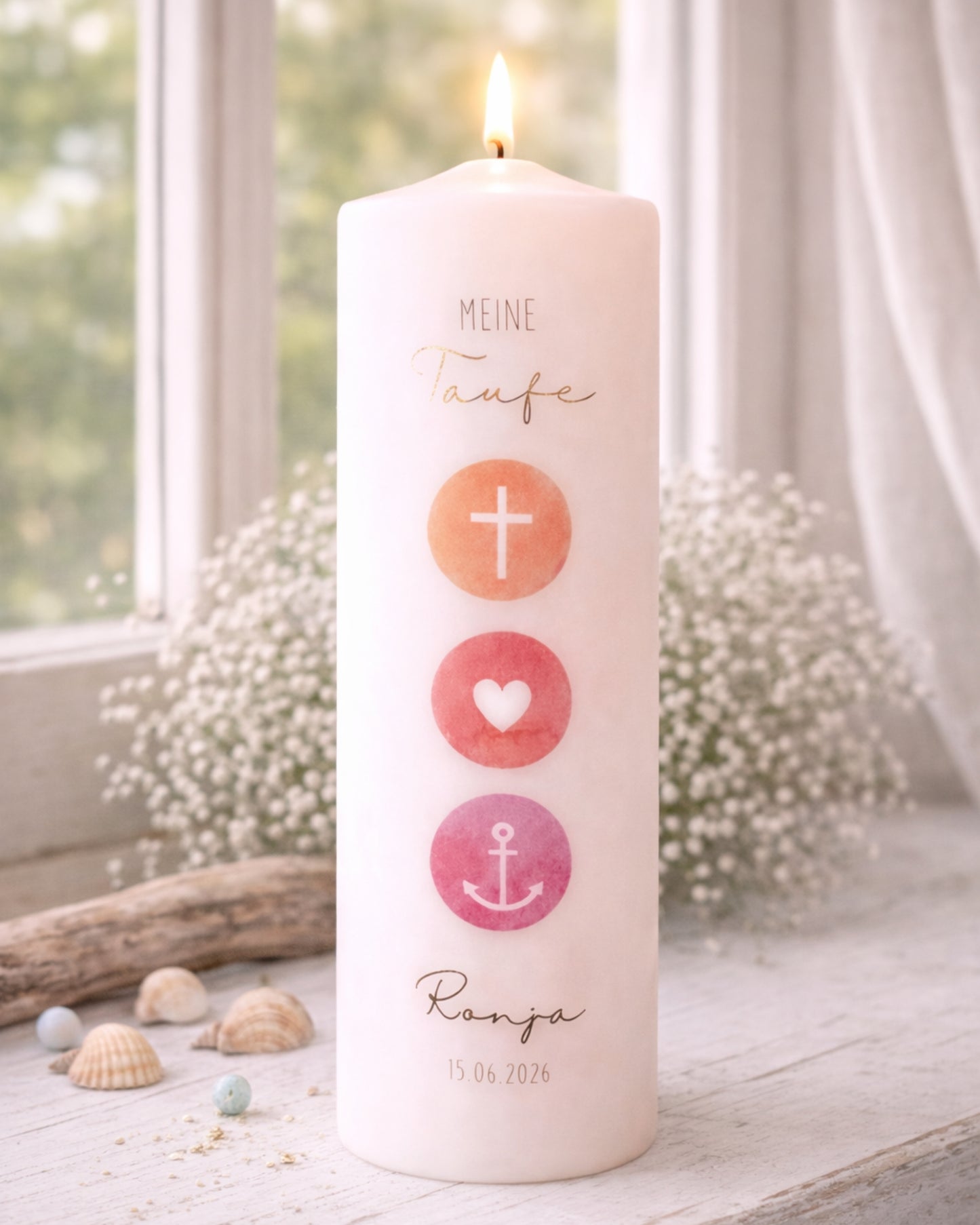 Personalisierte Taufkerze Glaube Liebe Hoffnung warmfarben – Name, Datum & Taufspruch