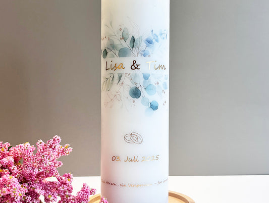 Hochzeitskerze mit Eukalyptus und Trauspruch