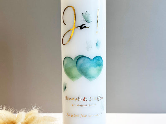 Hochzeitskerze - grüne Aquarellherzen und Schmetterlinge