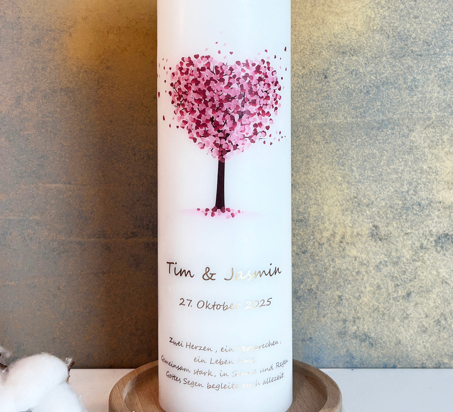 Hochzeitskerze mit rosa Herzbaum, Namen und Trauspruch