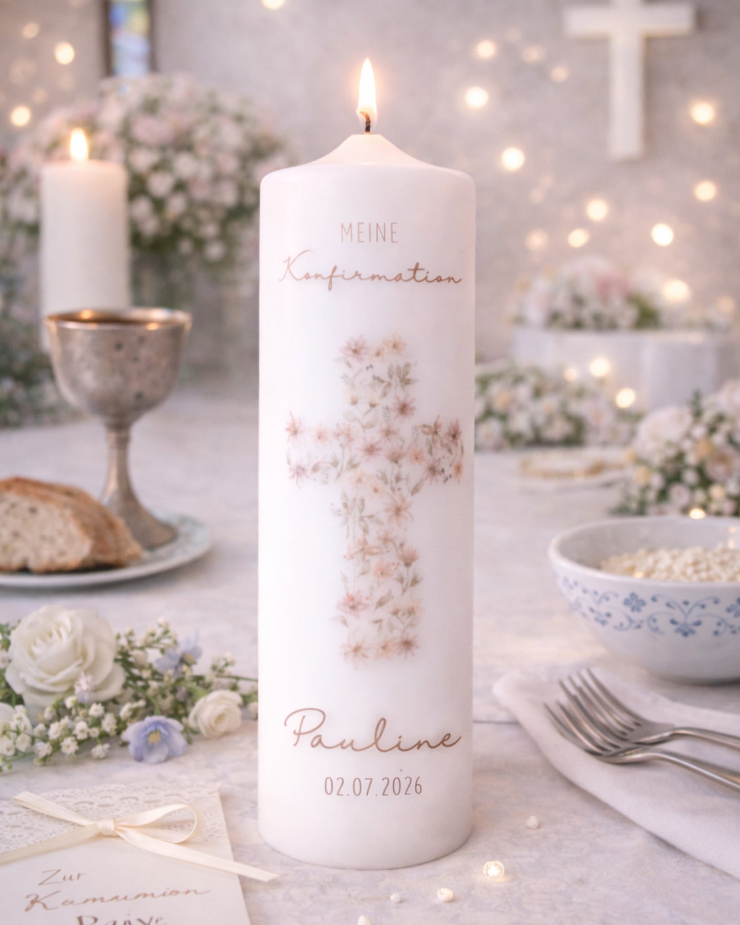Personalisierte Kommunions- & Konfirmationskerze mit Blumenkreuz – Name & Datum