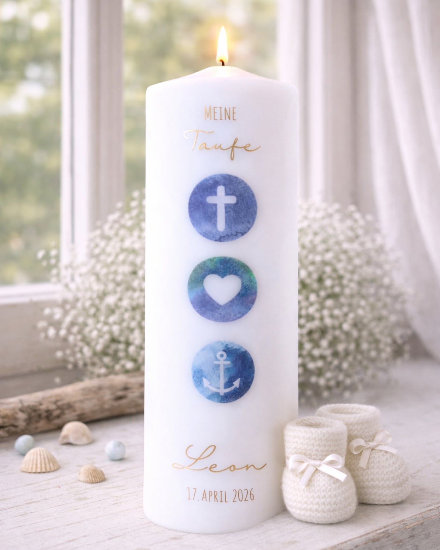Personalisierte Taufkerze Glaube Liebe Hoffnung blau – Name, Datum & Taufspruch
