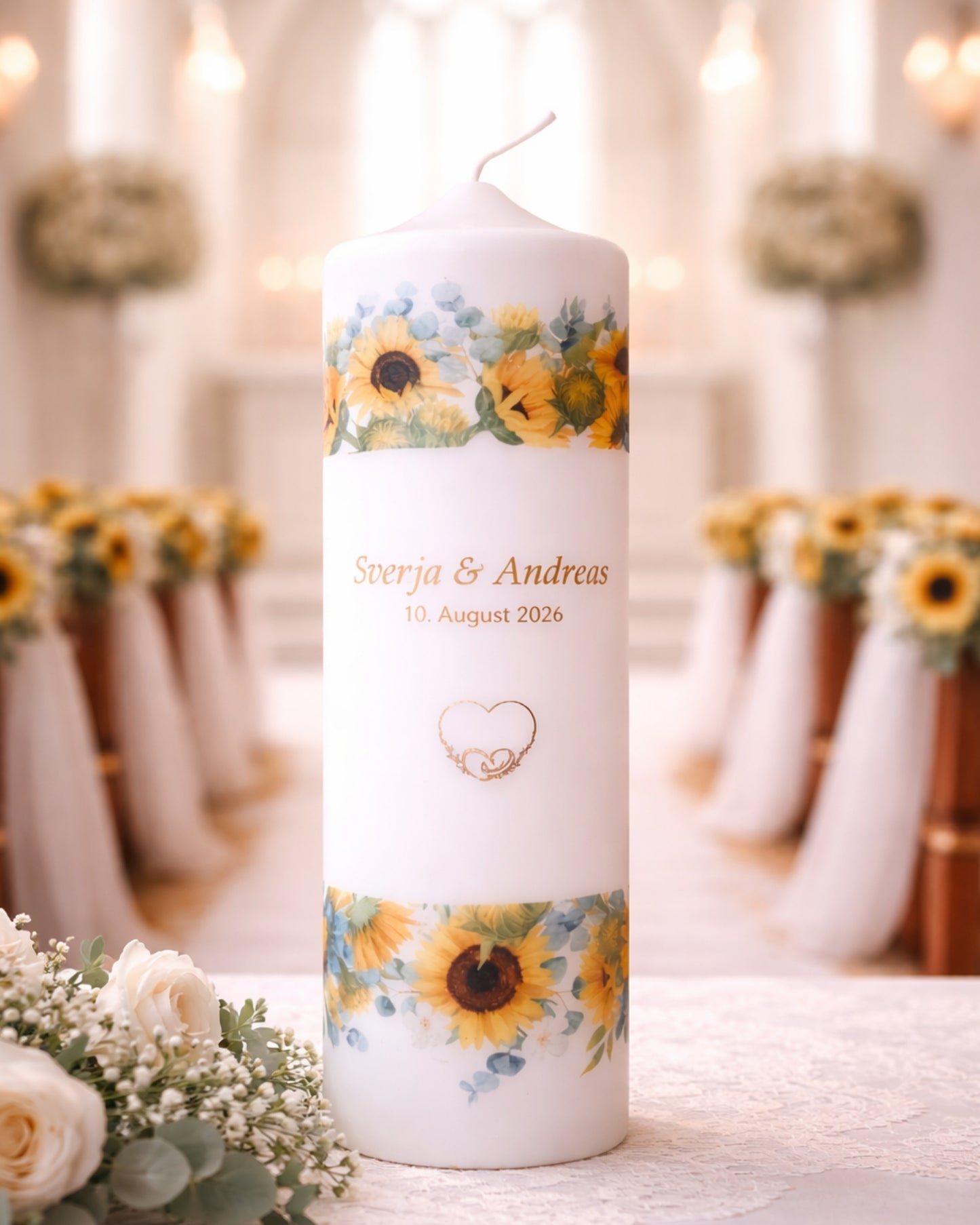 Personalisierte Hochzeitskerze mit Sonnenblumen (Aquarell) – Namen, Datum & Trauspruch