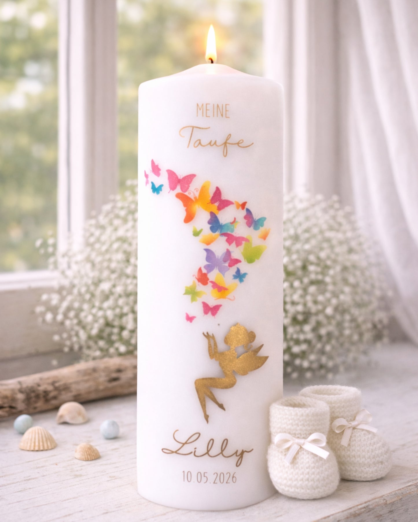 Personalisierte Taufkerze Schmetterlinge & Fee – Name, Datum & Taufspruch