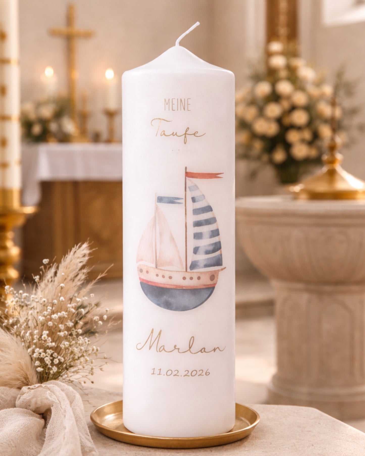 Personalisierte Taufkerze Segelboot maritim – Name, Datum & Taufspruch
