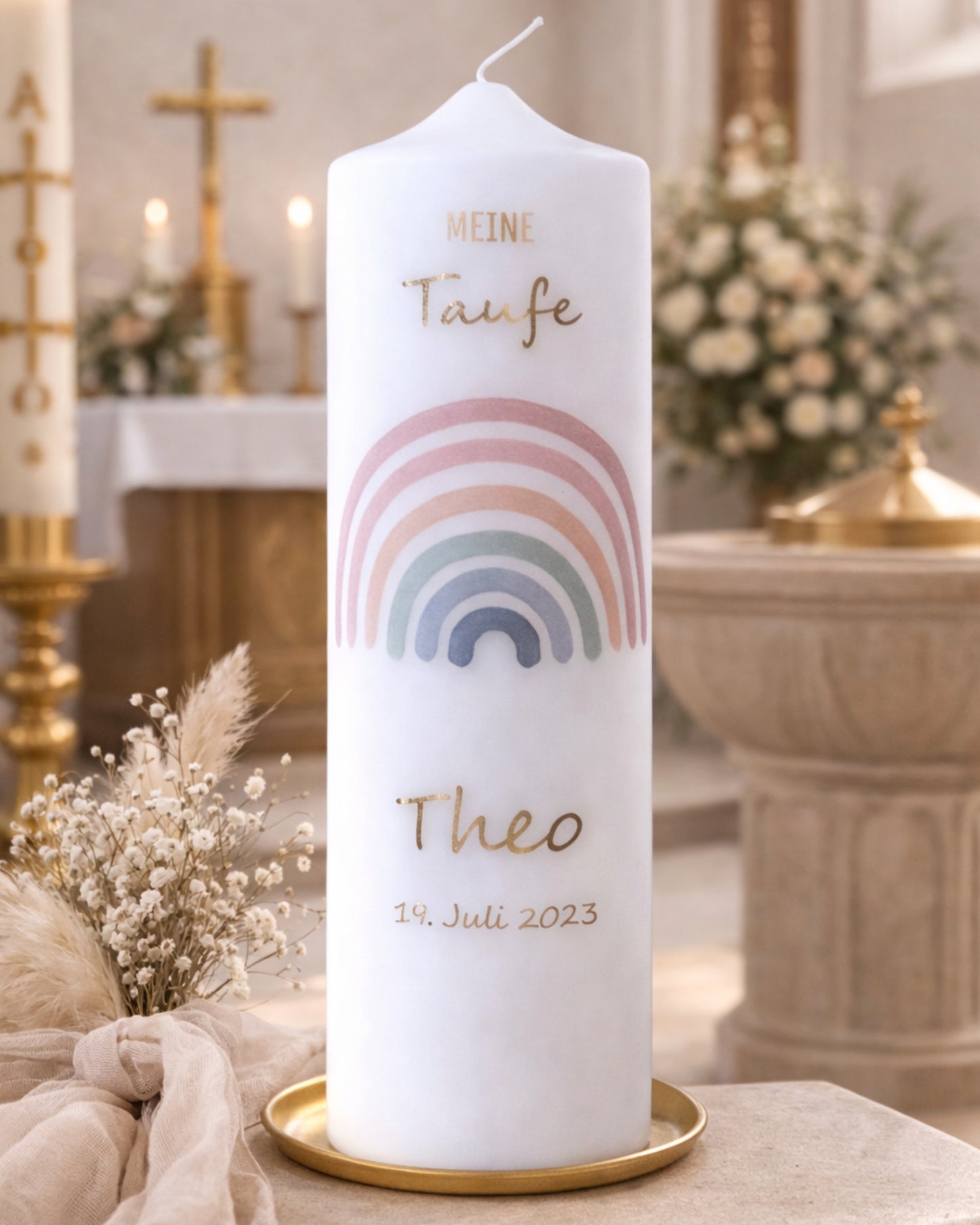 Personalisierte Taufkerze Regenbogen bunt – Name, Datum & Taufspruch