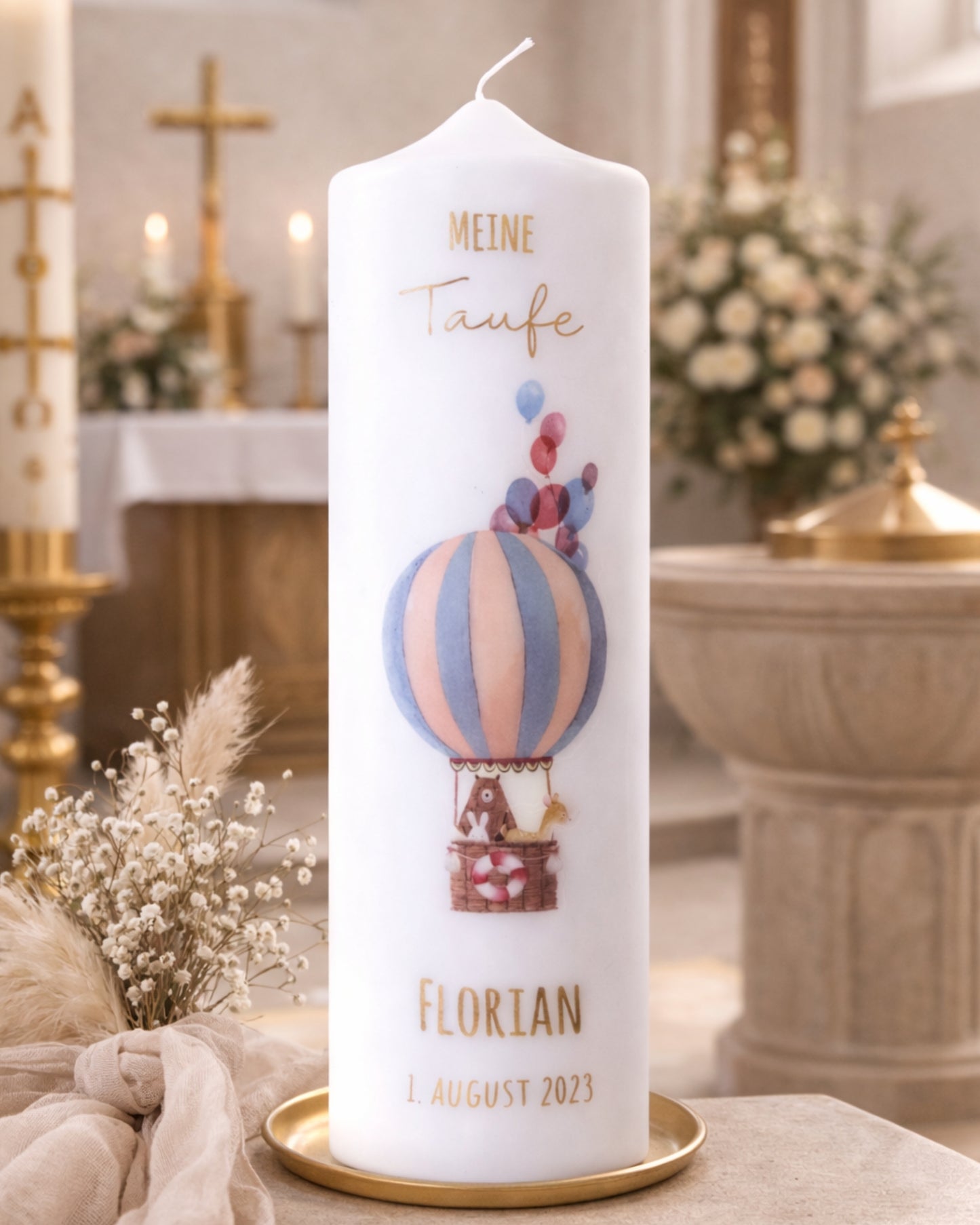 Personalisierte Taufkerze Aquarell Ballon – Name, Datum & Taufspruch