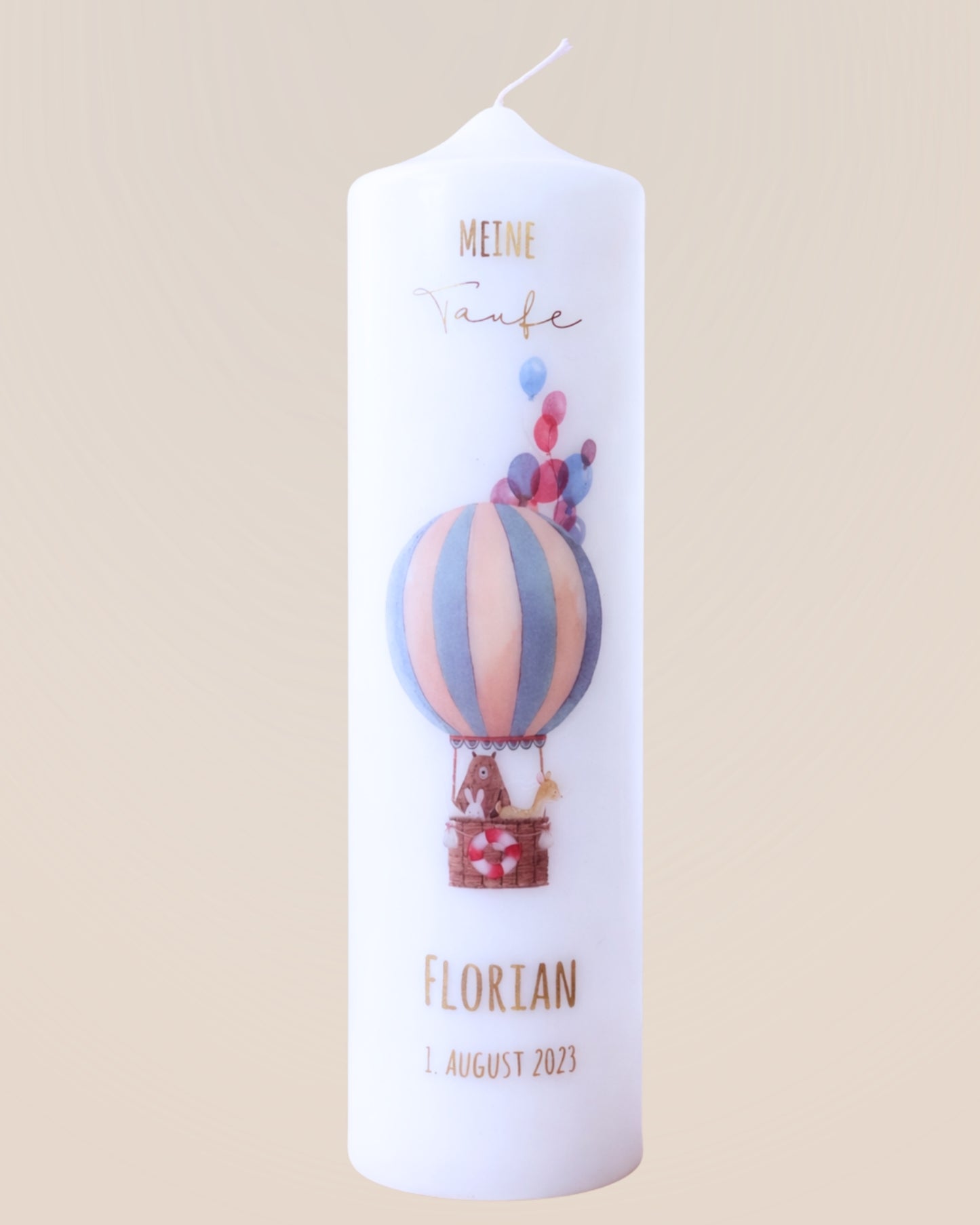 Personalisierte Taufkerze Aquarell Ballon – Name, Datum & Taufspruch