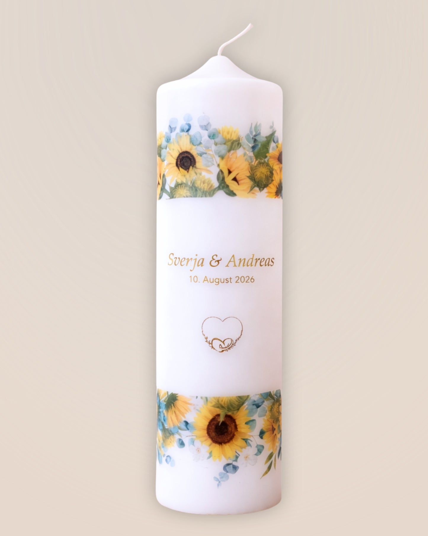 Personalisierte Hochzeitskerze mit Sonnenblumen (Aquarell) – Namen, Datum & Trauspruch