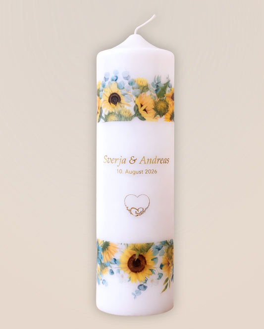 Personalisierte Hochzeitskerze mit Sonnenblumen (Aquarell) – Namen, Datum & Trauspruch