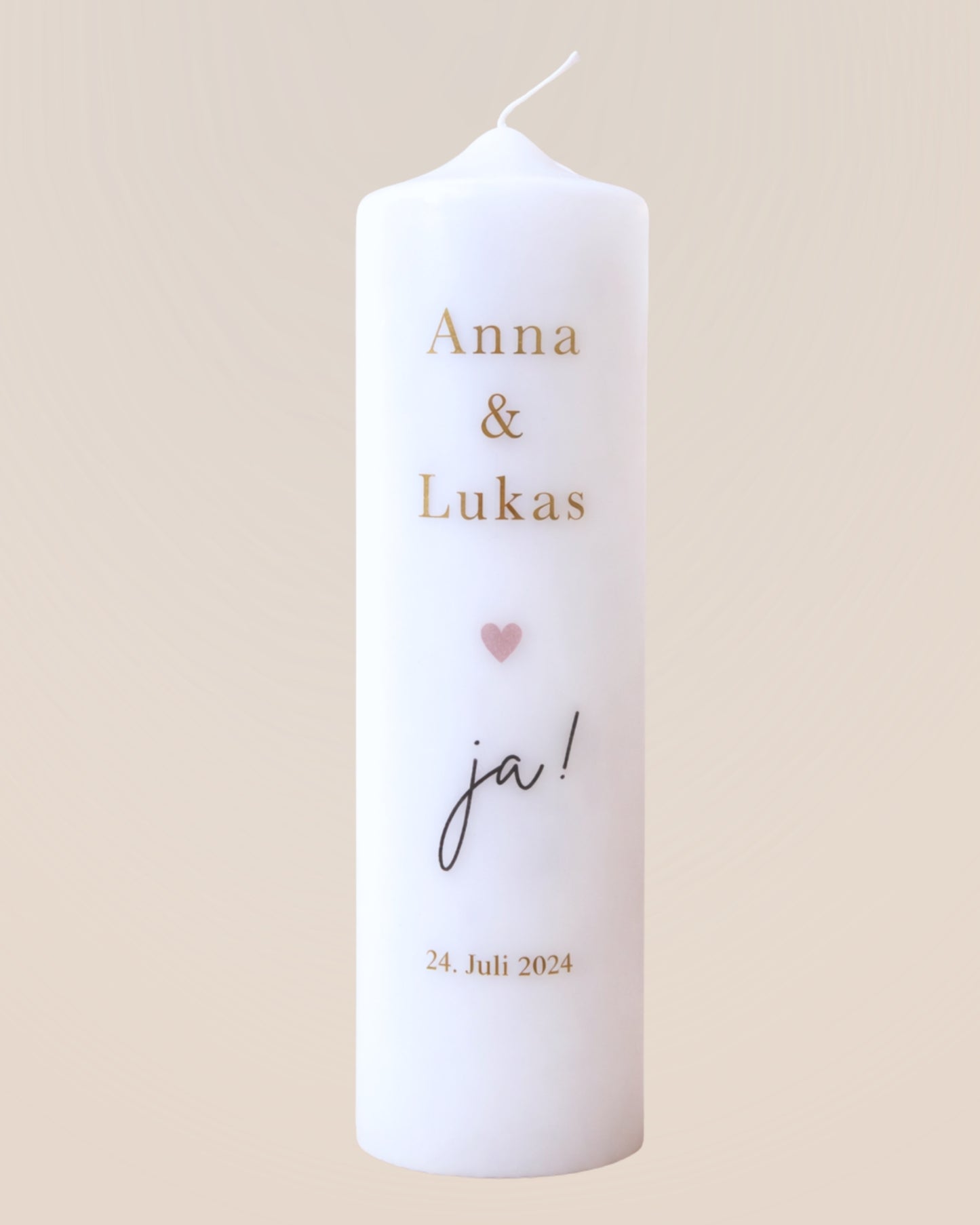 Personalisierte Hochzeitskerze „Ja“ mit Herz – Namen, Datum & Trauspruch