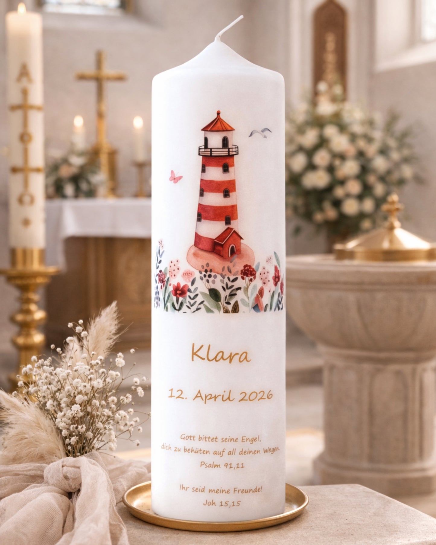 Personalisierte Taufkerze Leuchtturm – Name, Datum & Taufspruch