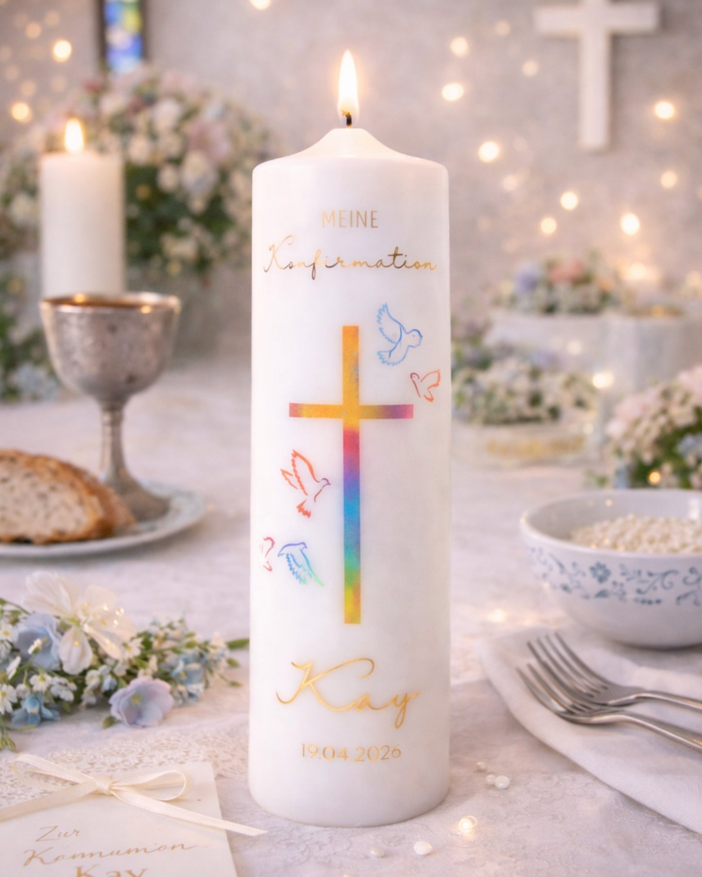 Kommunions- & Konfirmationskerze Kreuz & Tauben – personalisiert mit Name & Datum