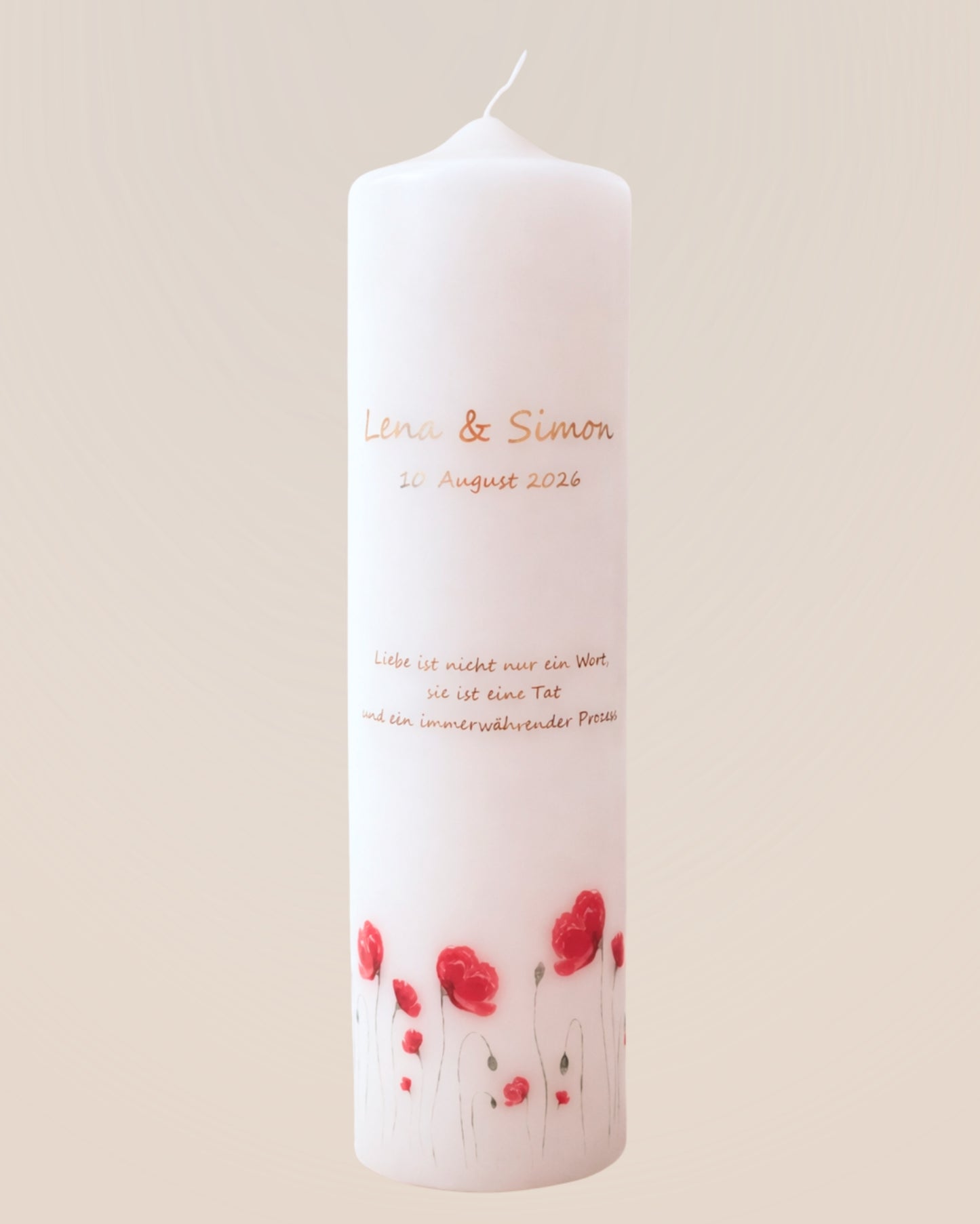 Personalisierte Hochzeitskerze mit rotem Mohn (Aquarell) – Namen, Datum & Trauspruch