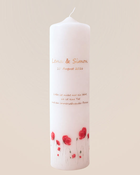 Personalisierte Hochzeitskerze mit rotem Mohn (Aquarell) – Namen, Datum & Trauspruch