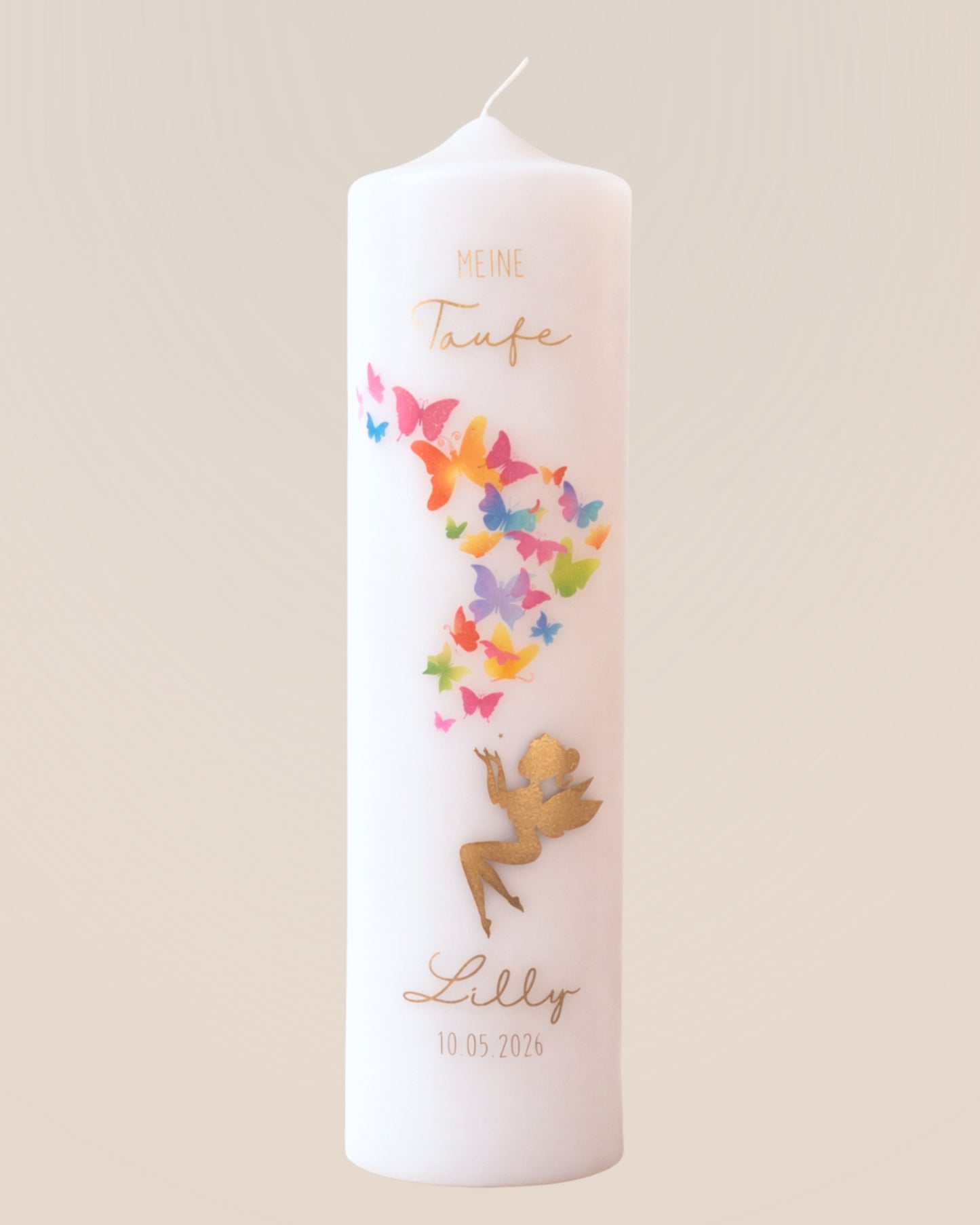 Personalisierte Taufkerze Schmetterlinge & Fee – Name, Datum & Taufspruch