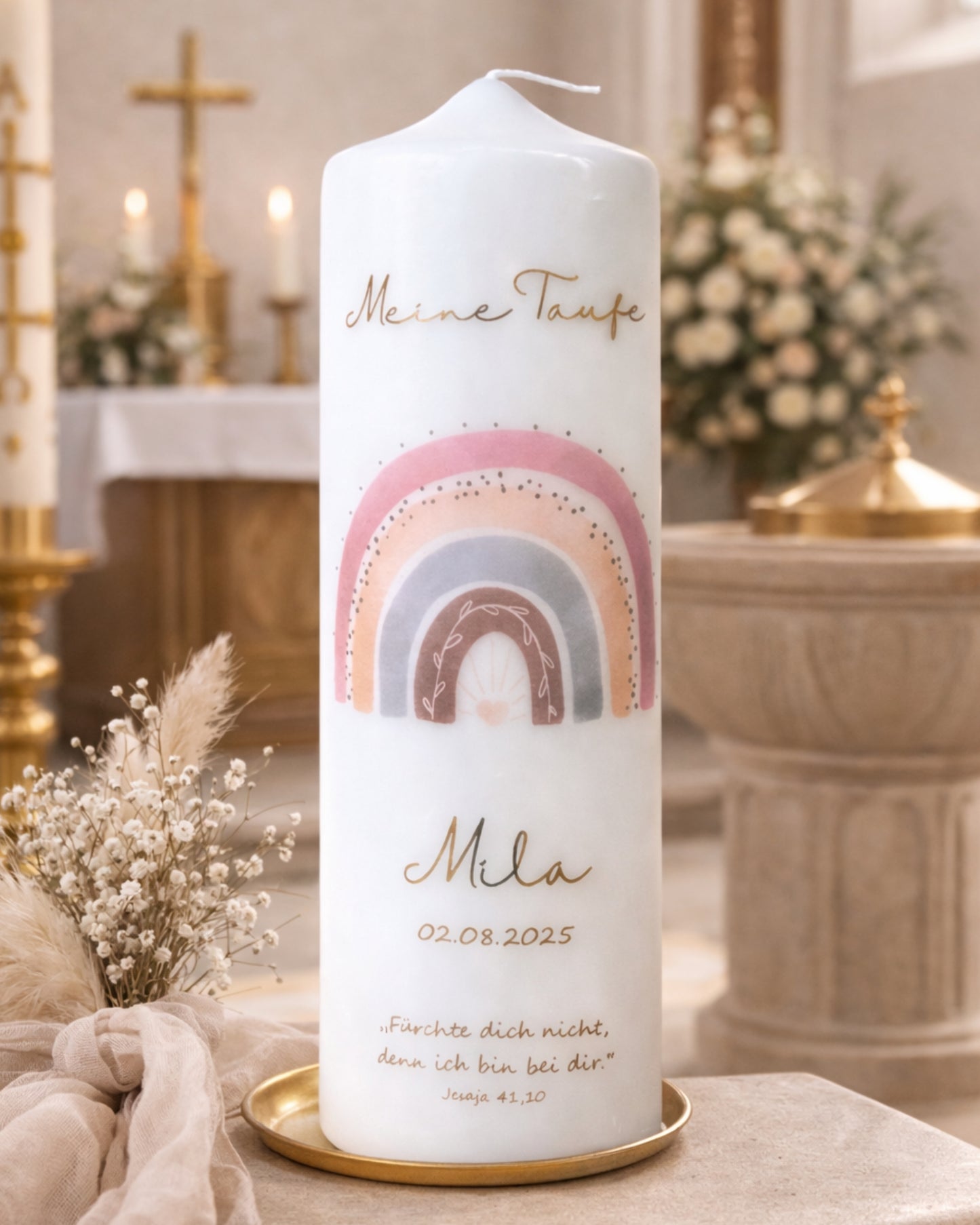 Personalisierte Taufkerze Regenbogen rosa – Name, Datum & Taufspruch