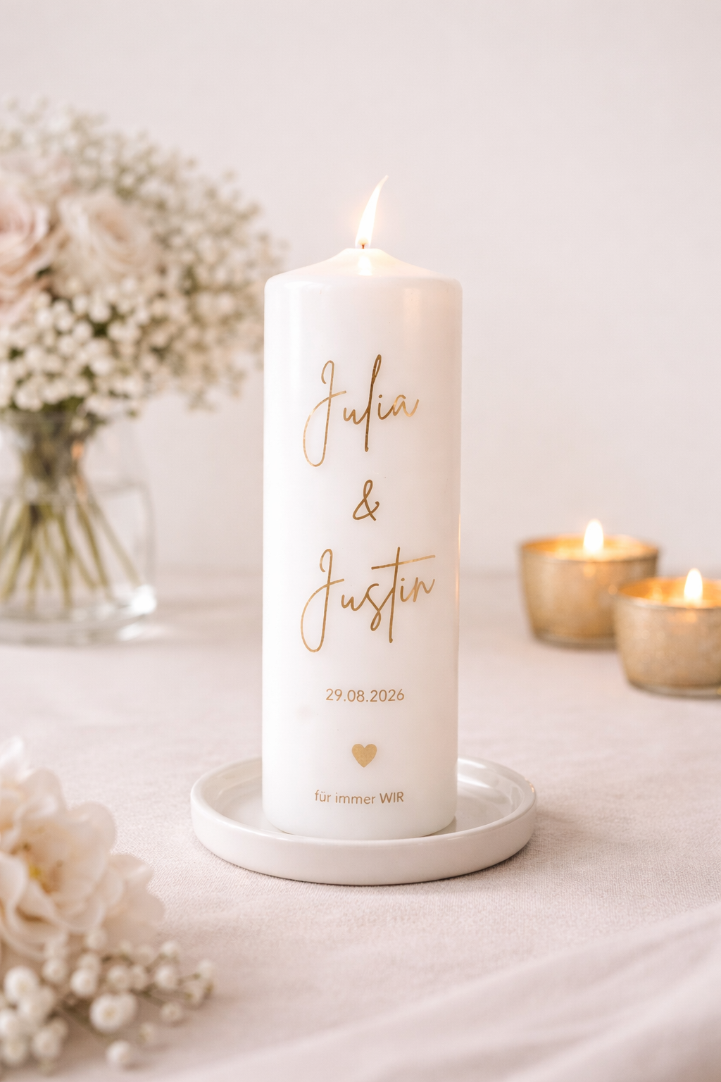 Hochzeitskerze personalisiert mit Namen & Datum – Traukerze & Geschenk