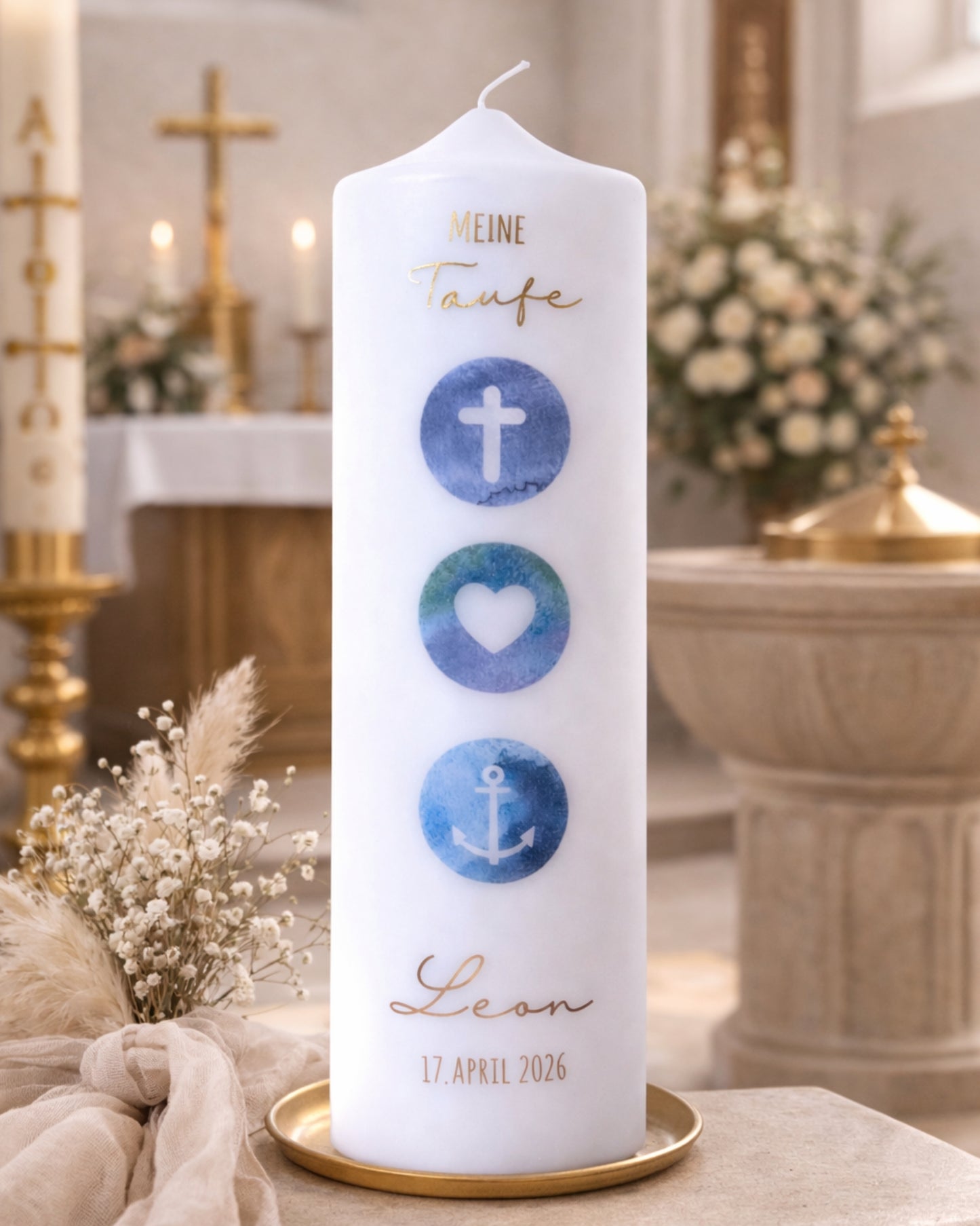 Personalisierte Taufkerze Glaube Liebe Hoffnung blau – Name, Datum & Taufspruch