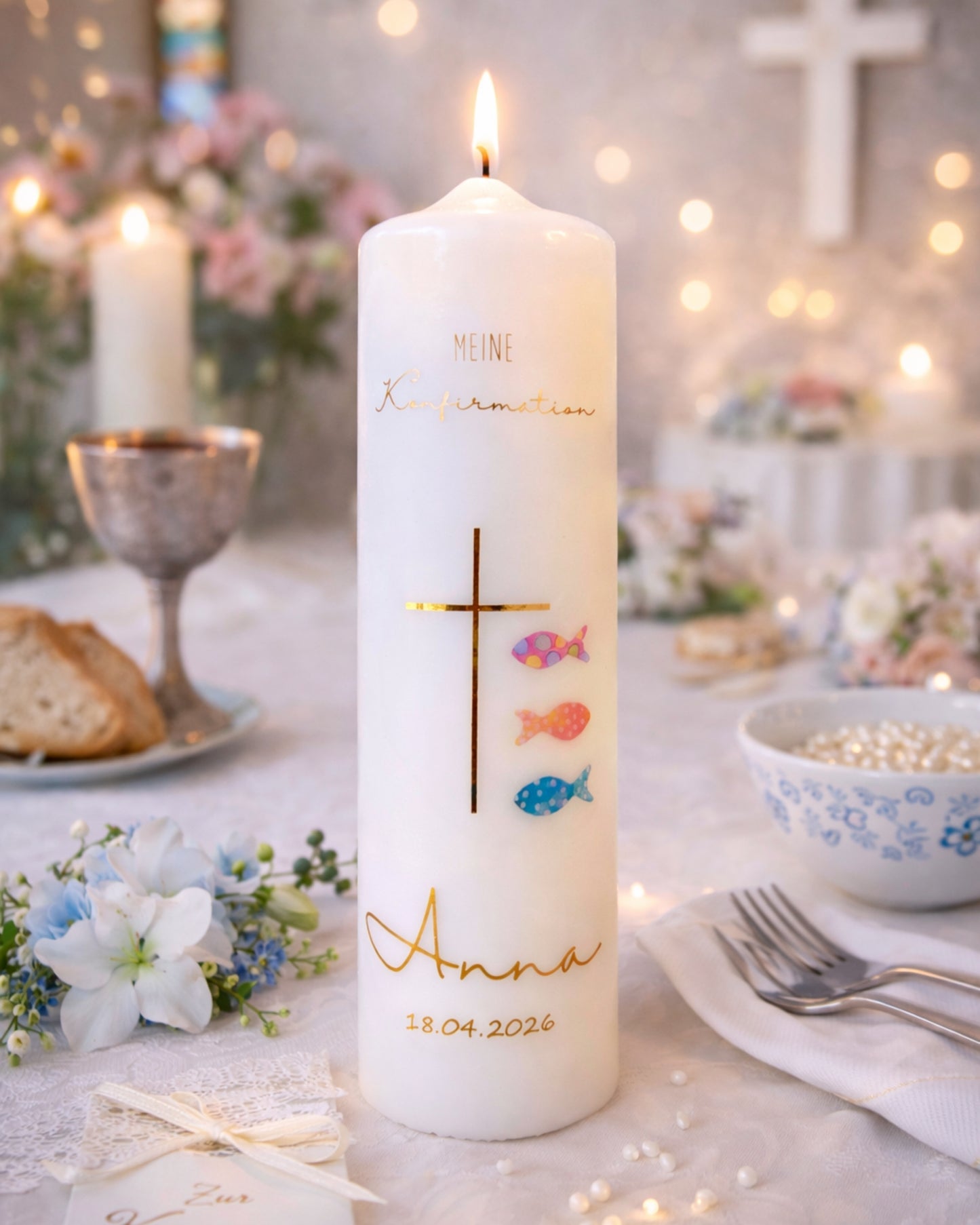 Konfirmations- & Kommunionskerze Kreuz & Fische – personalisiert mit Name & Datum