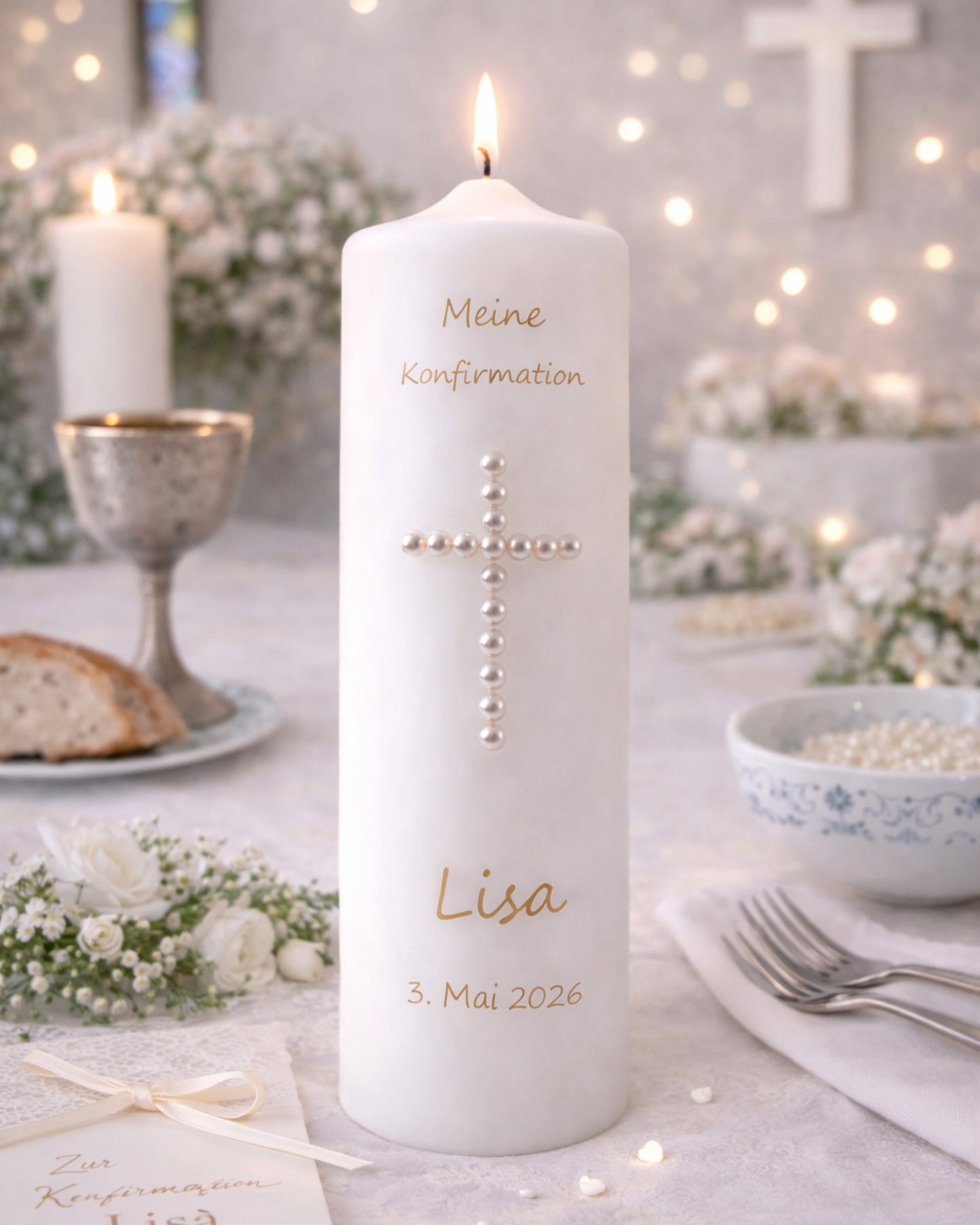 Personalisierte Kommunionskerze mit Perlenkreuz – Name & Datum