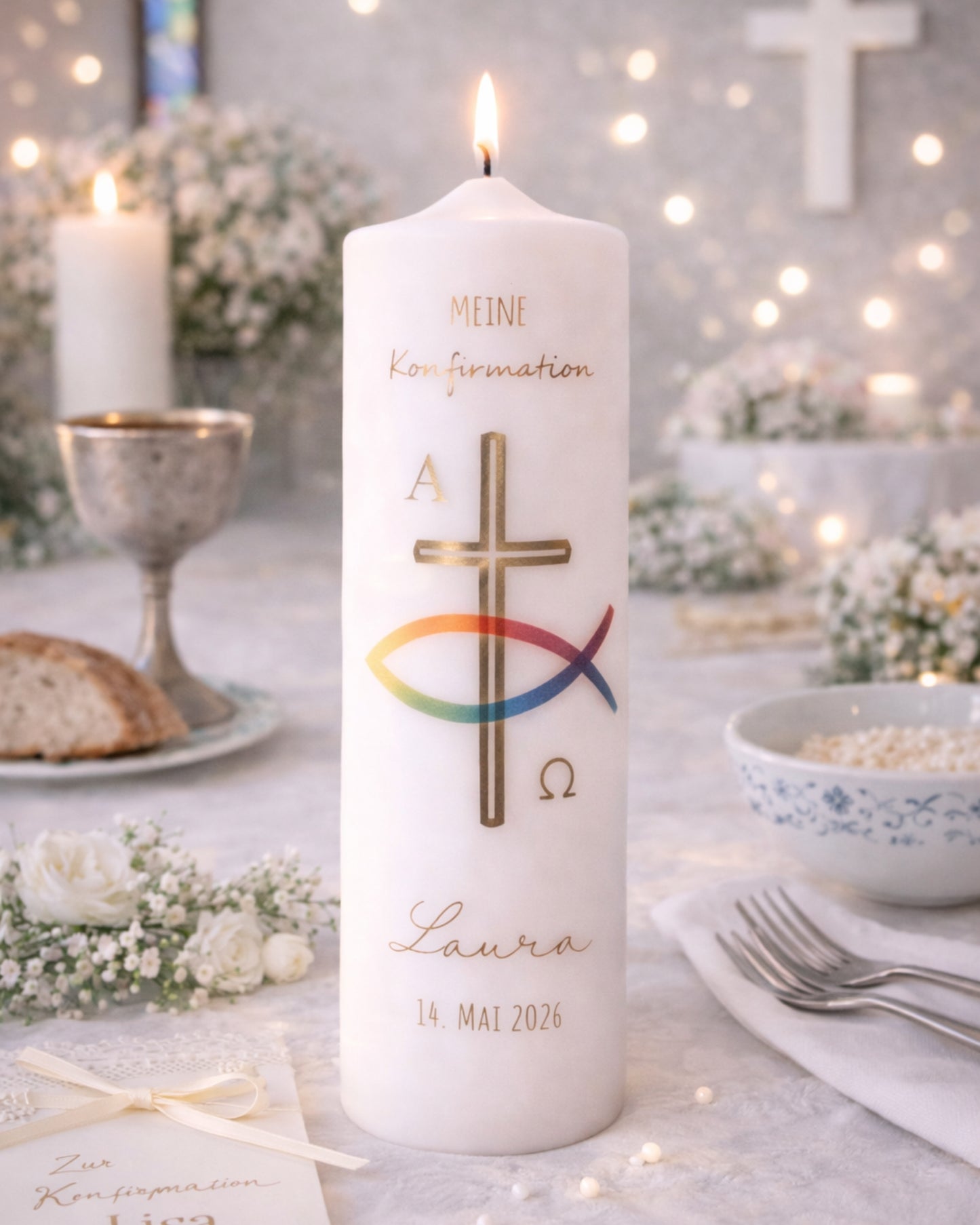 Kommunions- & Konfirmationskerze Kreuz &  Fisch in Regenbogenfarben – personalisiert