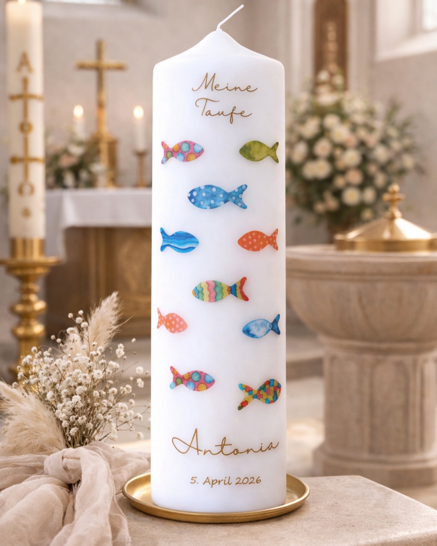 Personalisierte Taufkerze mit bunten Fischen – Name, Datum & Taufspruch