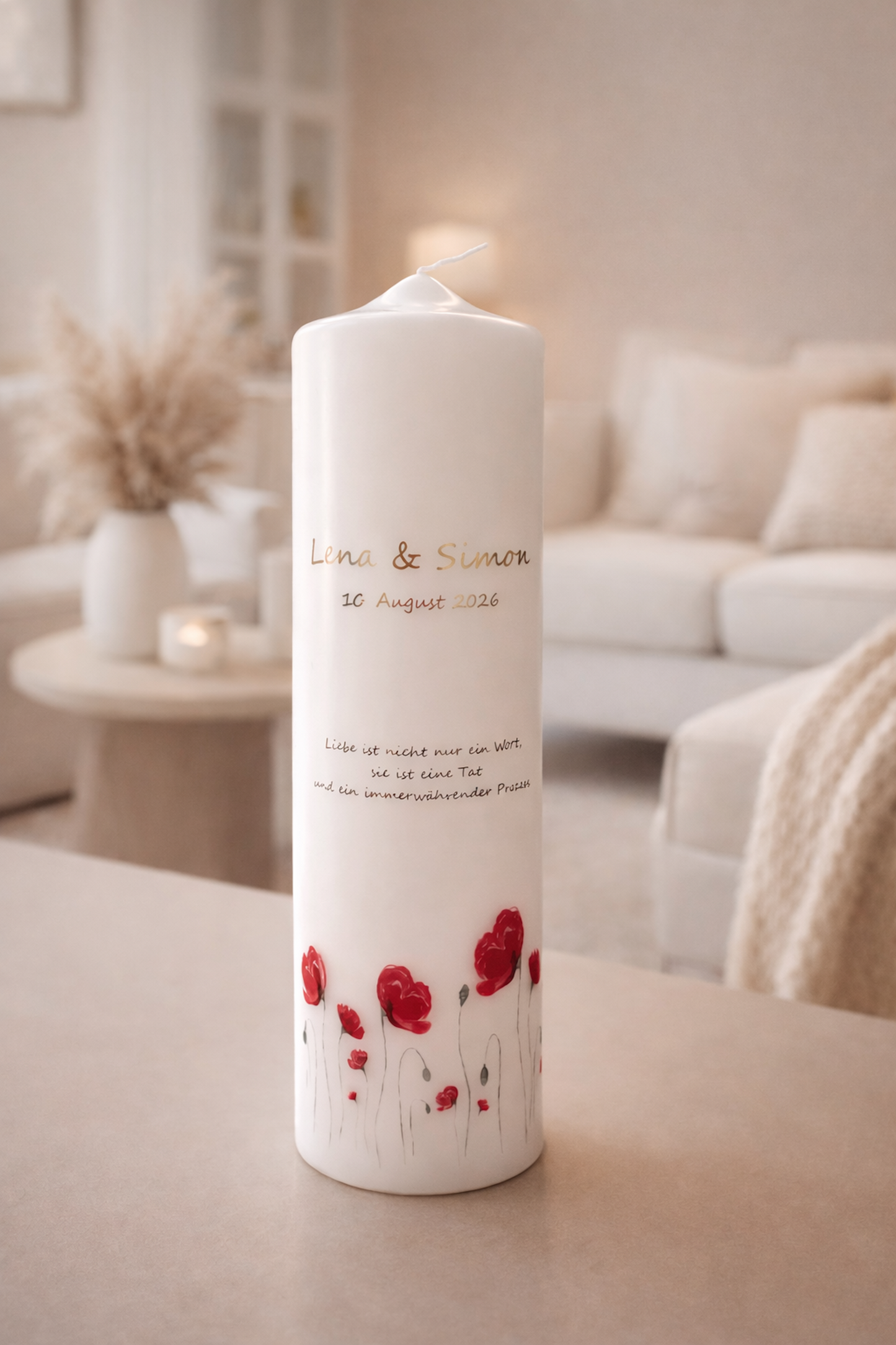 Personalisierte Hochzeitskerze mit rotem Mohn (Aquarell) – Namen, Datum & Trauspruch