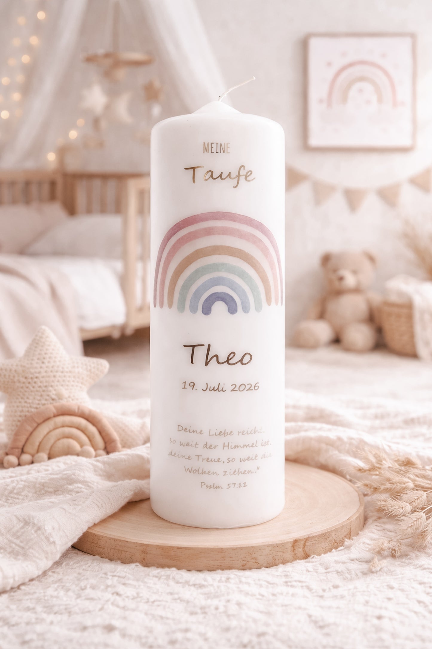 Personalisierte Taufkerze Regenbogen bunt – Name, Datum & Taufspruch