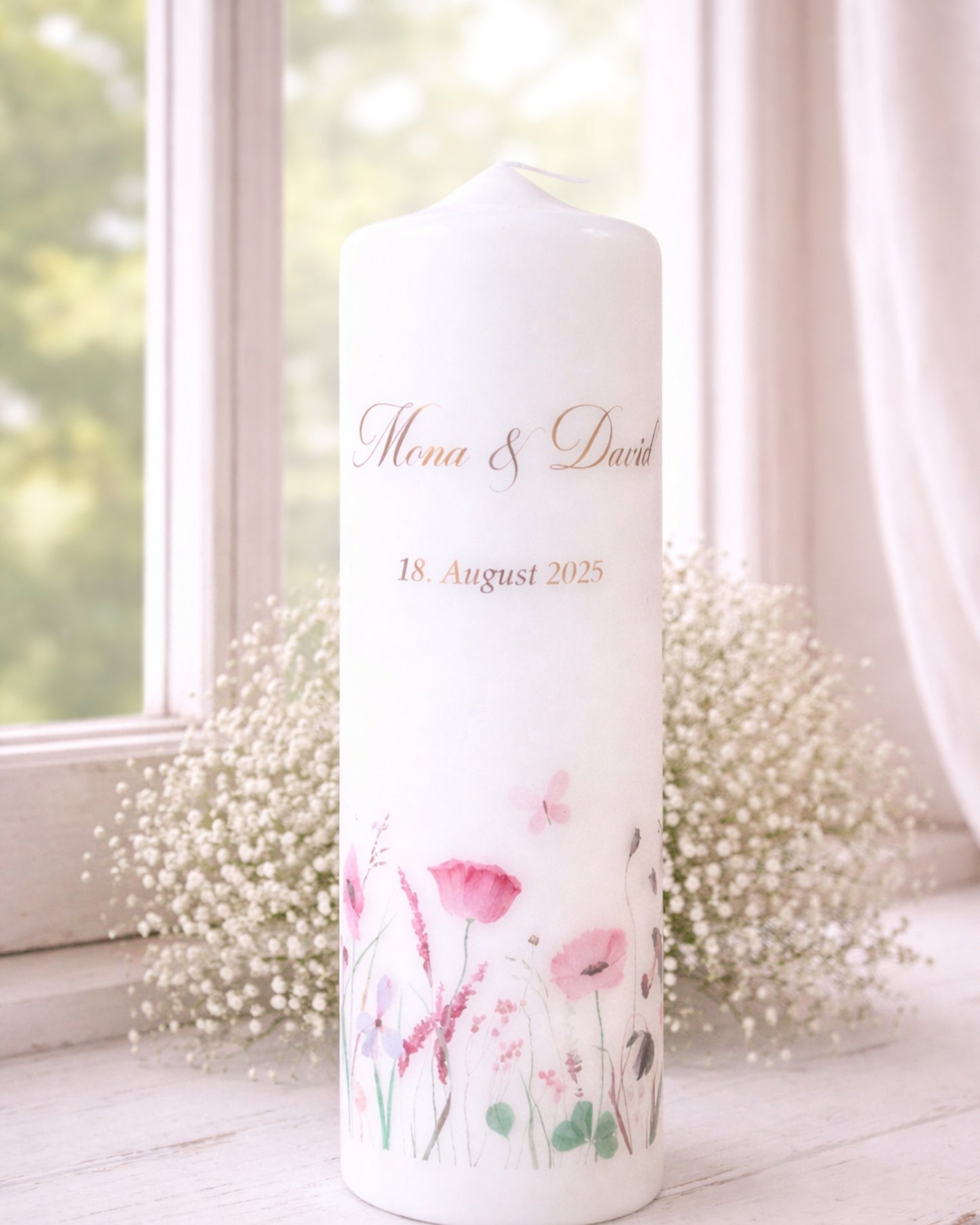 Personalisierte Hochzeitskerze mit Aquarell-Blumenwiese – Namen, Datum & Trauspruch