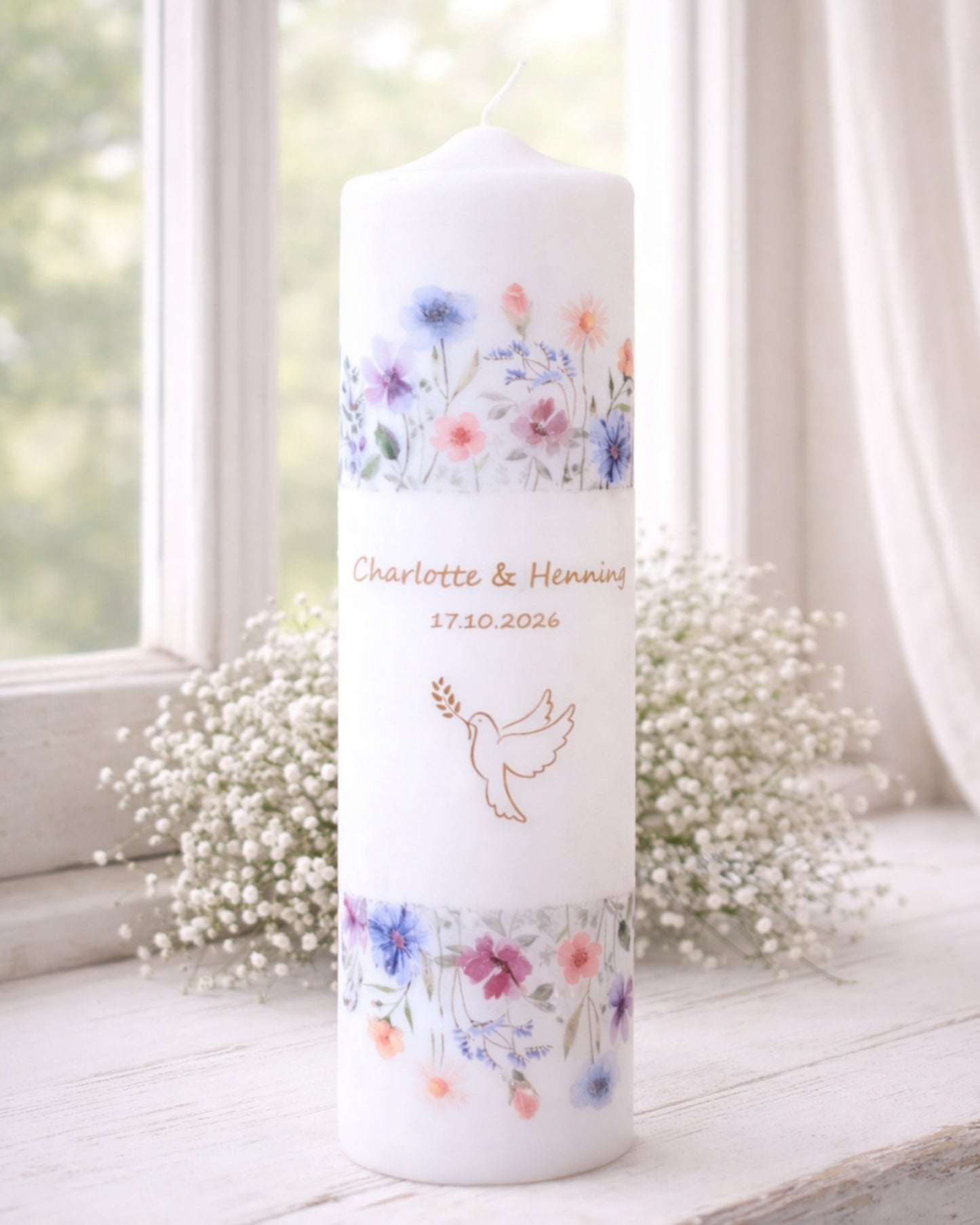 Personalisierte Kerze mit Aquarell-Blumenwiese – Namen, Datum & Trauspruch