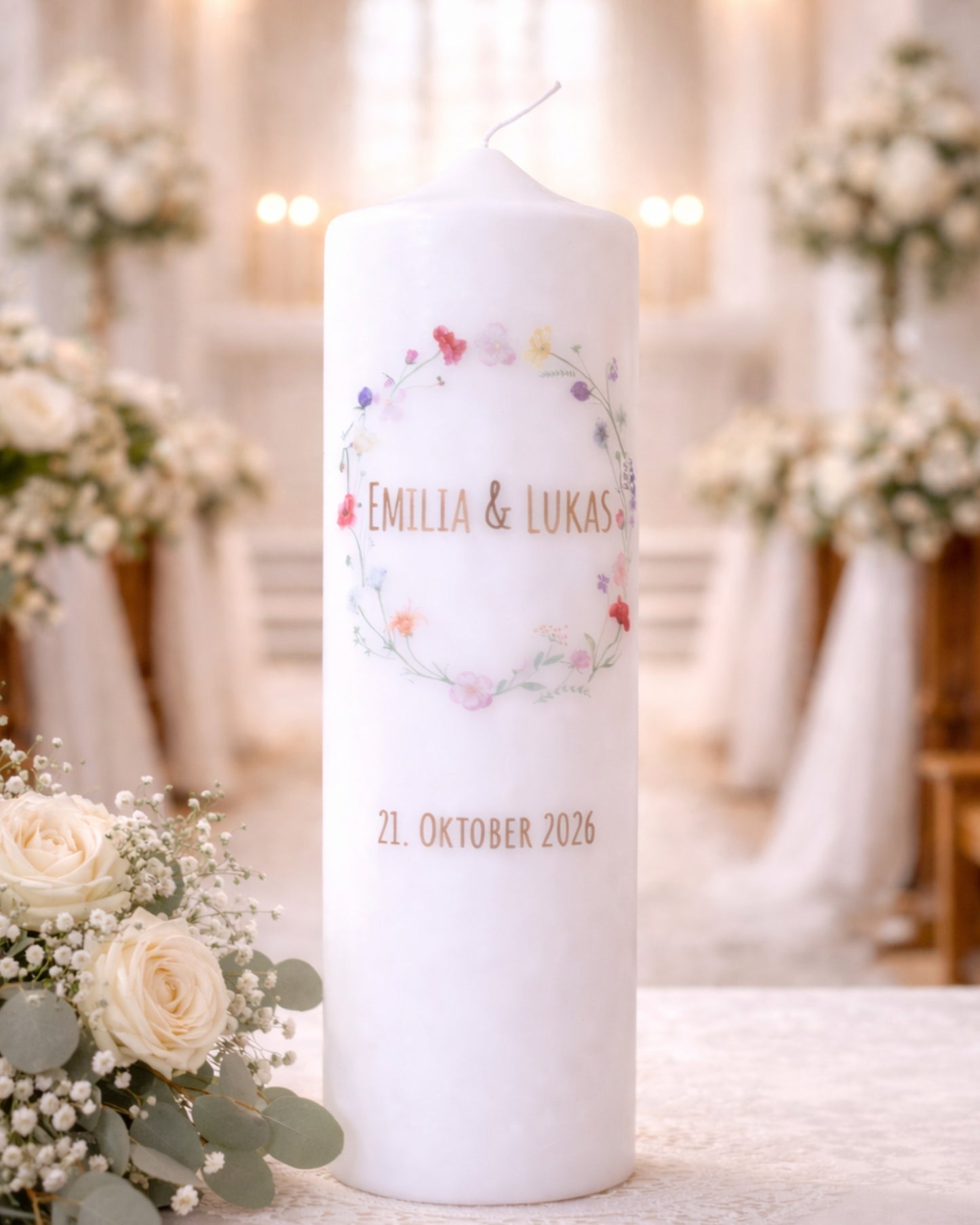 Personalisierte Hochzeitskerze mit Blumenkranz – Namen, Datum & Trauspruch