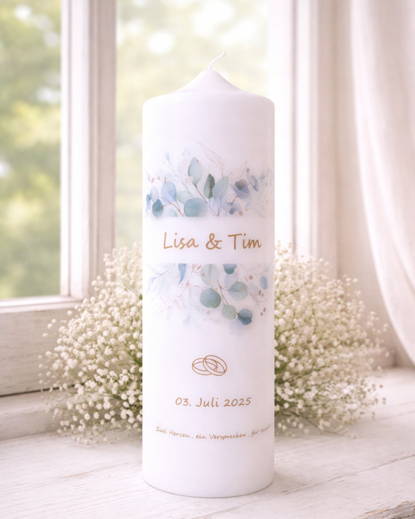 Personalisierte Hochzeitskerze mit Eukalyptus & Trauspruch – Namen & Datum