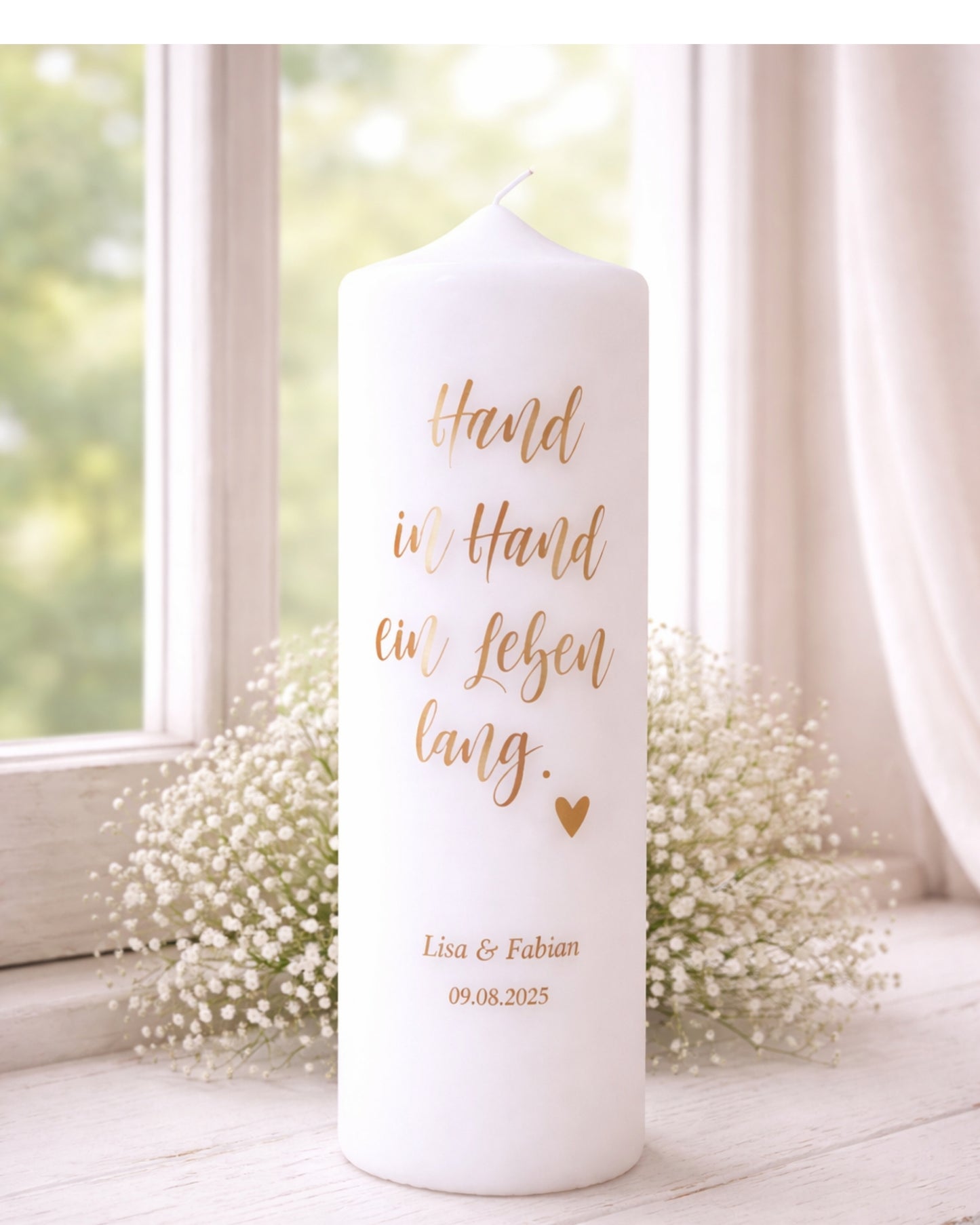 Personalisierte Hochzeitskerze „Hand in Hand ein Leben lang“ – Namen, Datum & Trauspruch