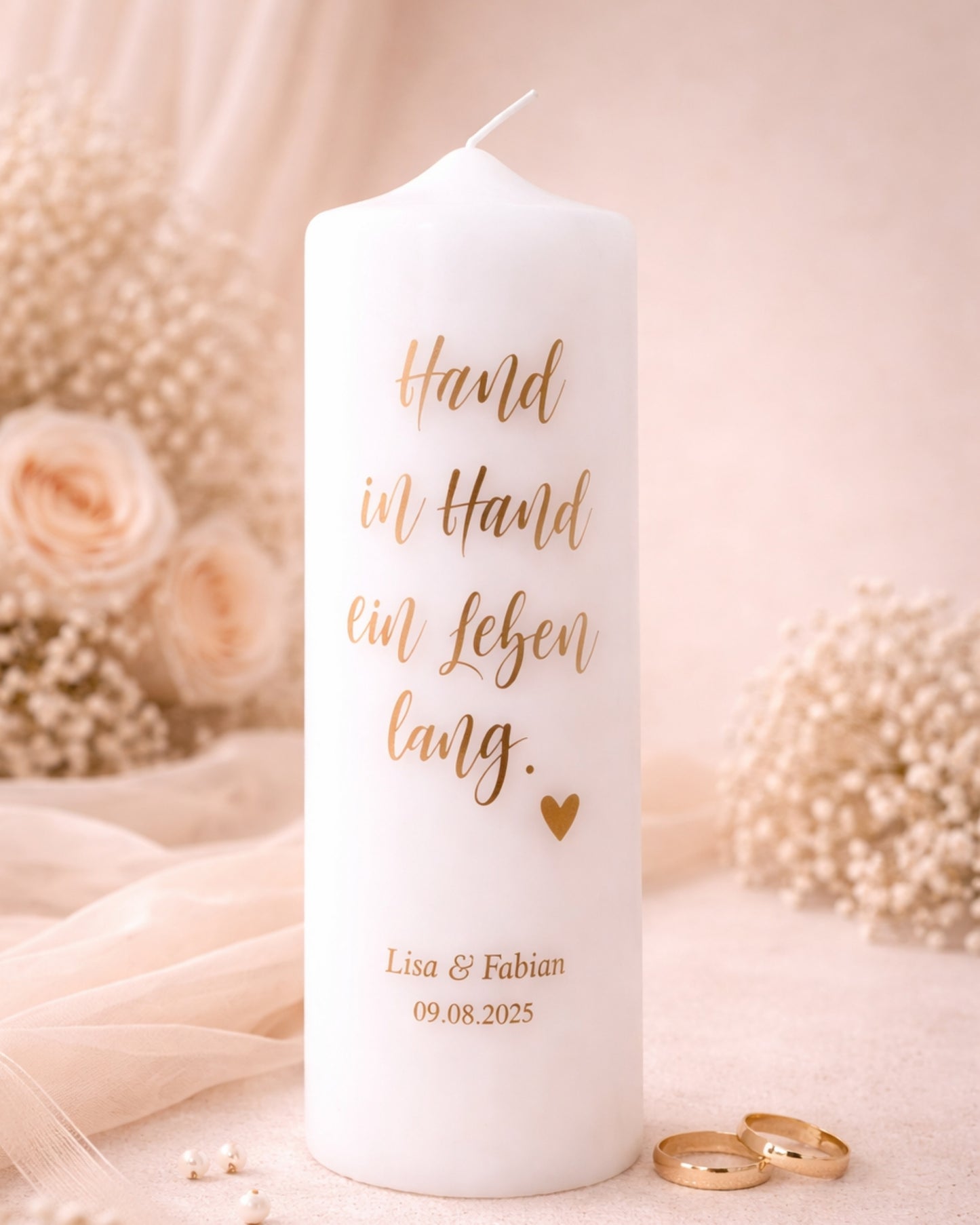 Personalisierte Hochzeitskerze „Hand in Hand ein Leben lang“ – Namen, Datum & Trauspruch