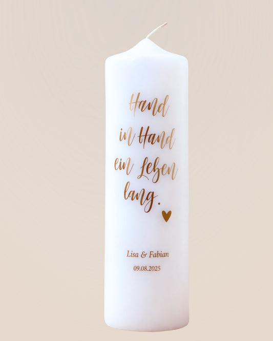 Personalisierte Hochzeitskerze „Hand in Hand ein Leben lang“ – Namen, Datum & Trauspruch