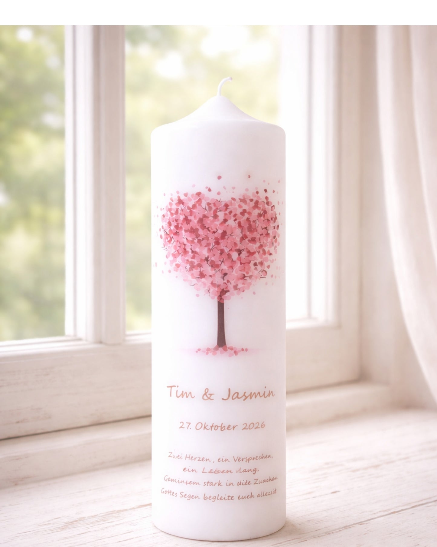Personalisierte Hochzeitskerze mit rosa Herzbaum – Namen, Datum & Trauspruch