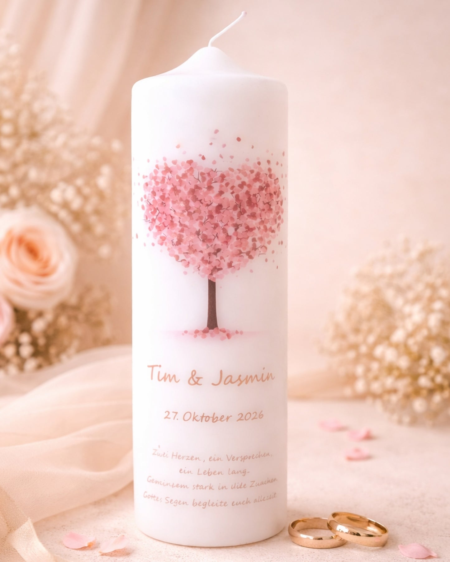 Personalisierte Hochzeitskerze mit rosa Herzbaum – Namen, Datum & Trauspruch