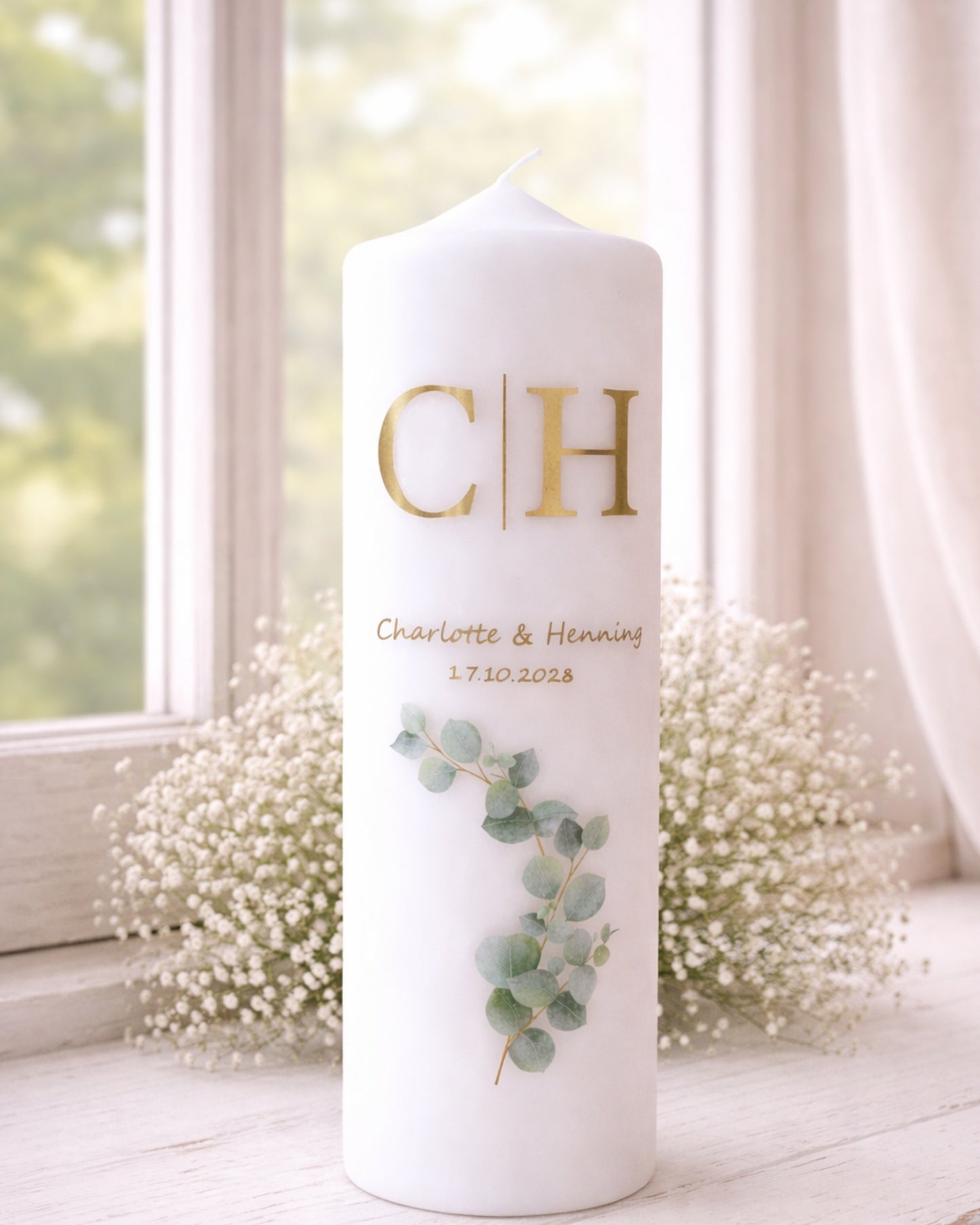 Personalisierte Kerze mit Initialen & Eukalyptus – Hochzeit, Verlobung & Geschenk