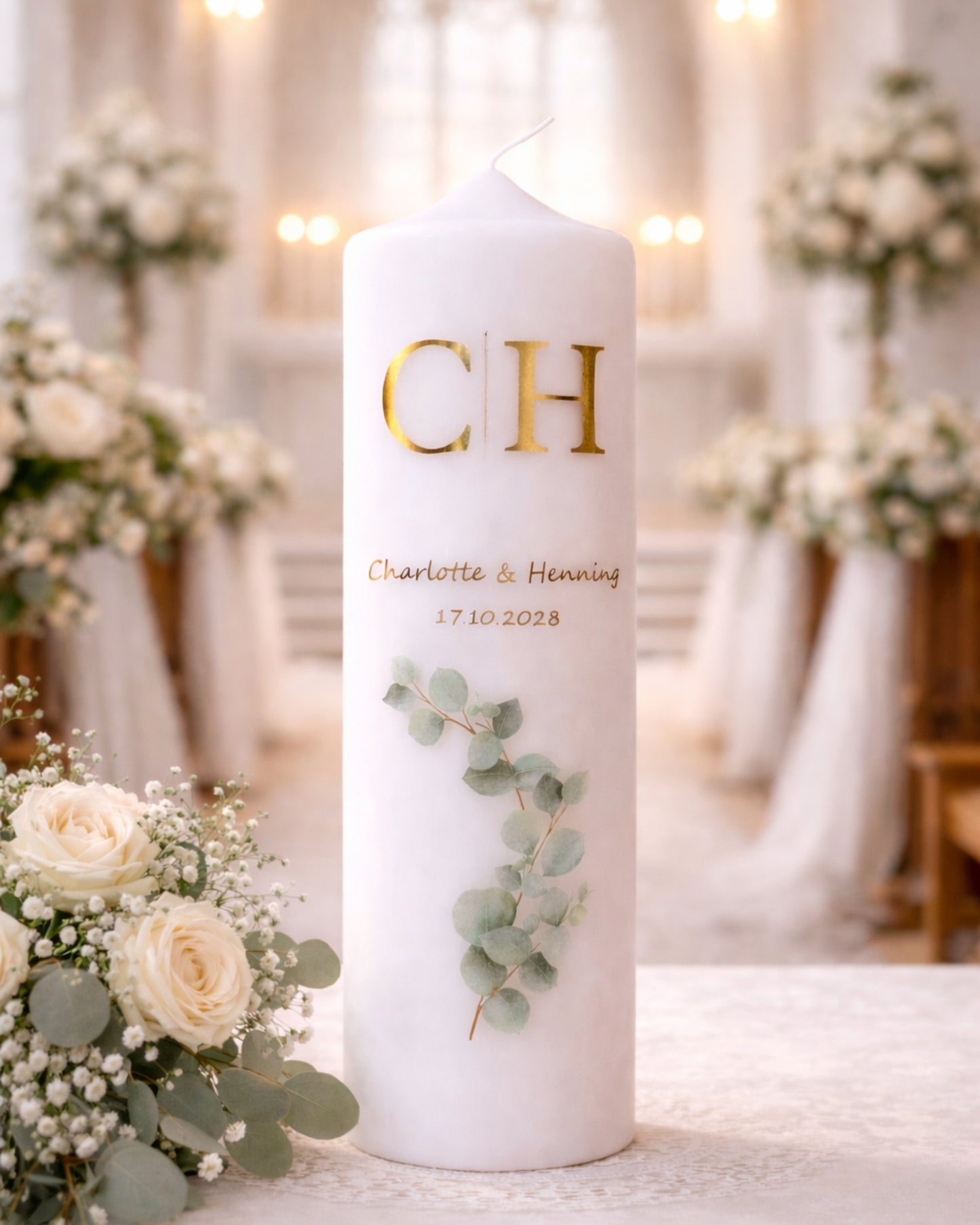 Personalisierte Kerze mit Initialen & Eukalyptus – Hochzeit, Verlobung & Geschenk