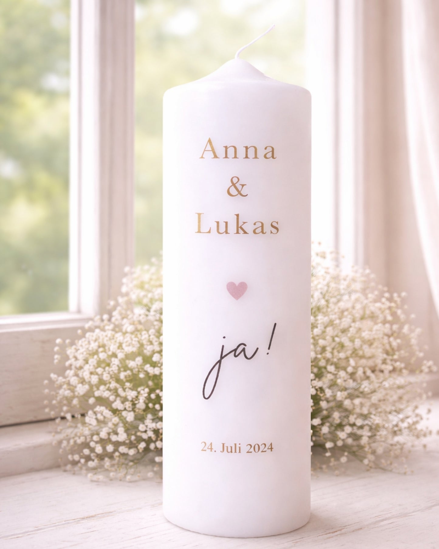Personalisierte Hochzeitskerze „Ja“ mit Herz – Namen, Datum & Trauspruch