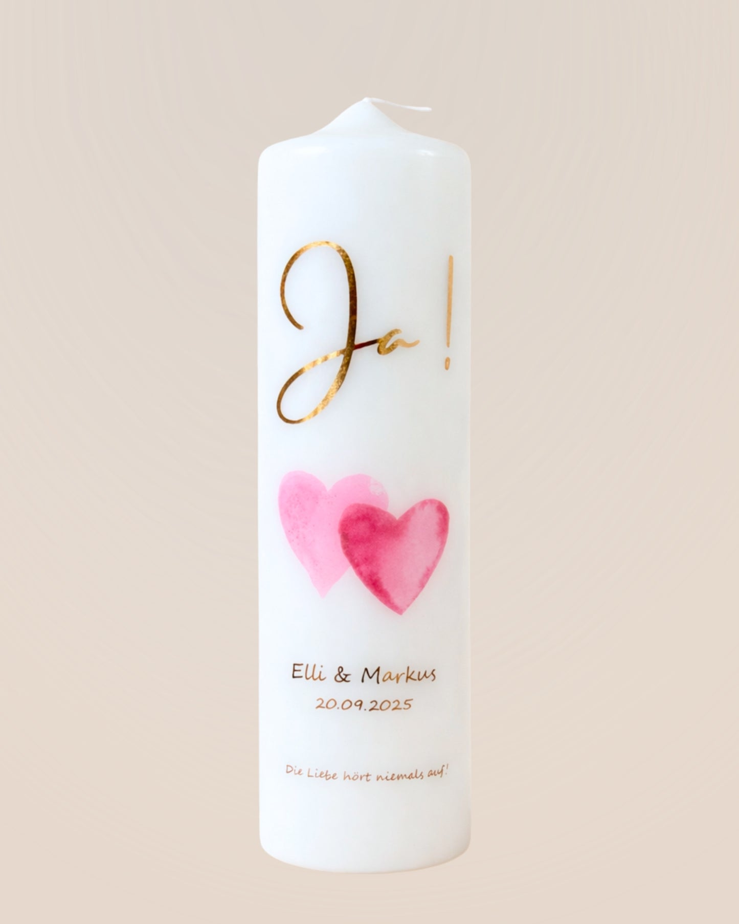 Personalisierte Hochzeitskerze „Ja!“ mit rosa Aquarellherzen – Namen, Datum & Trauspruch