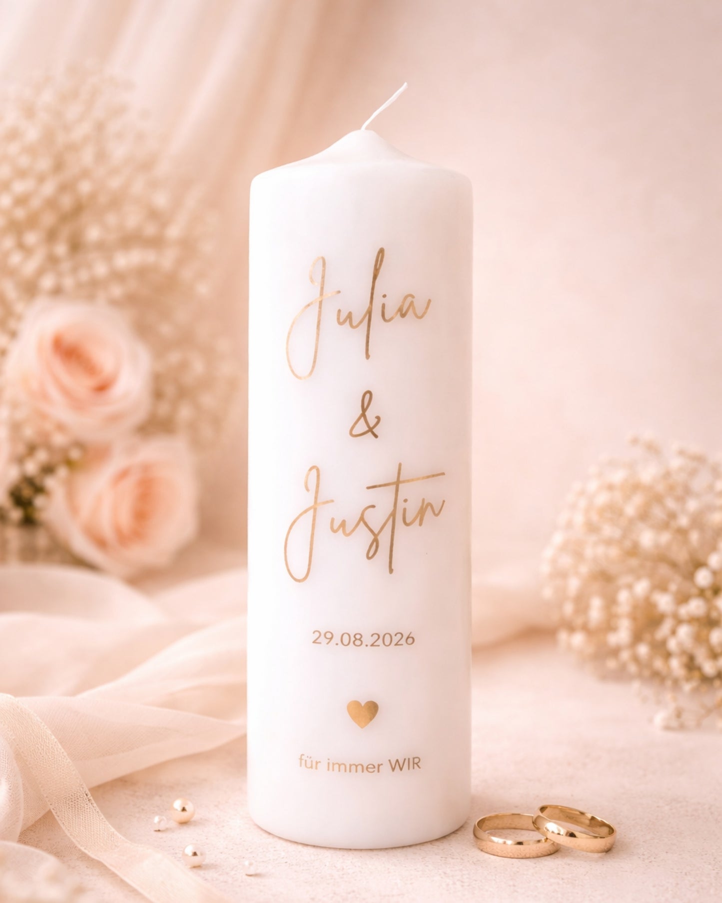 Hochzeitskerze personalisiert mit Namen & Datum – Traukerze & Geschenk