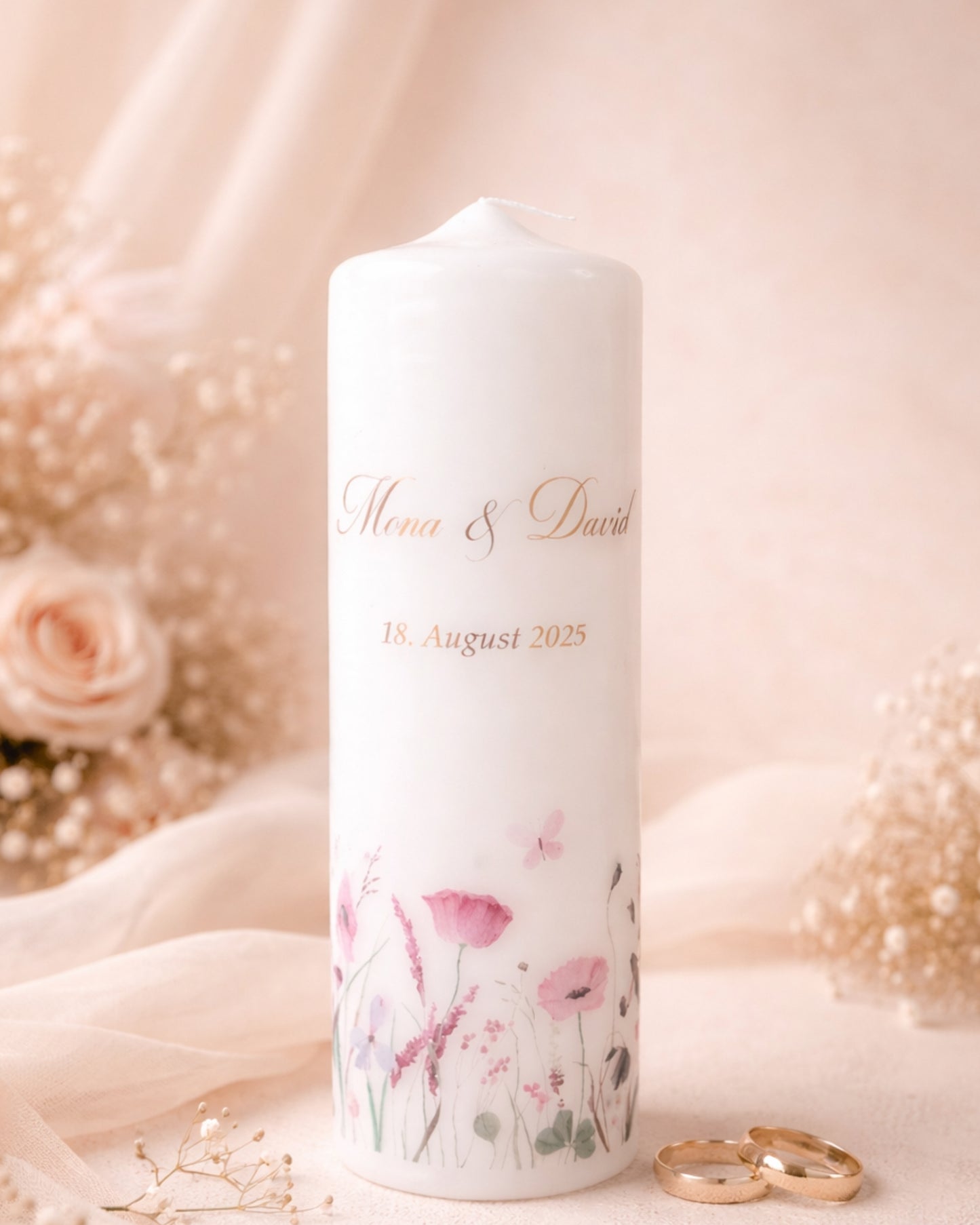 Personalisierte Hochzeitskerze mit Aquarell-Blumenwiese – Namen, Datum & Trauspruch