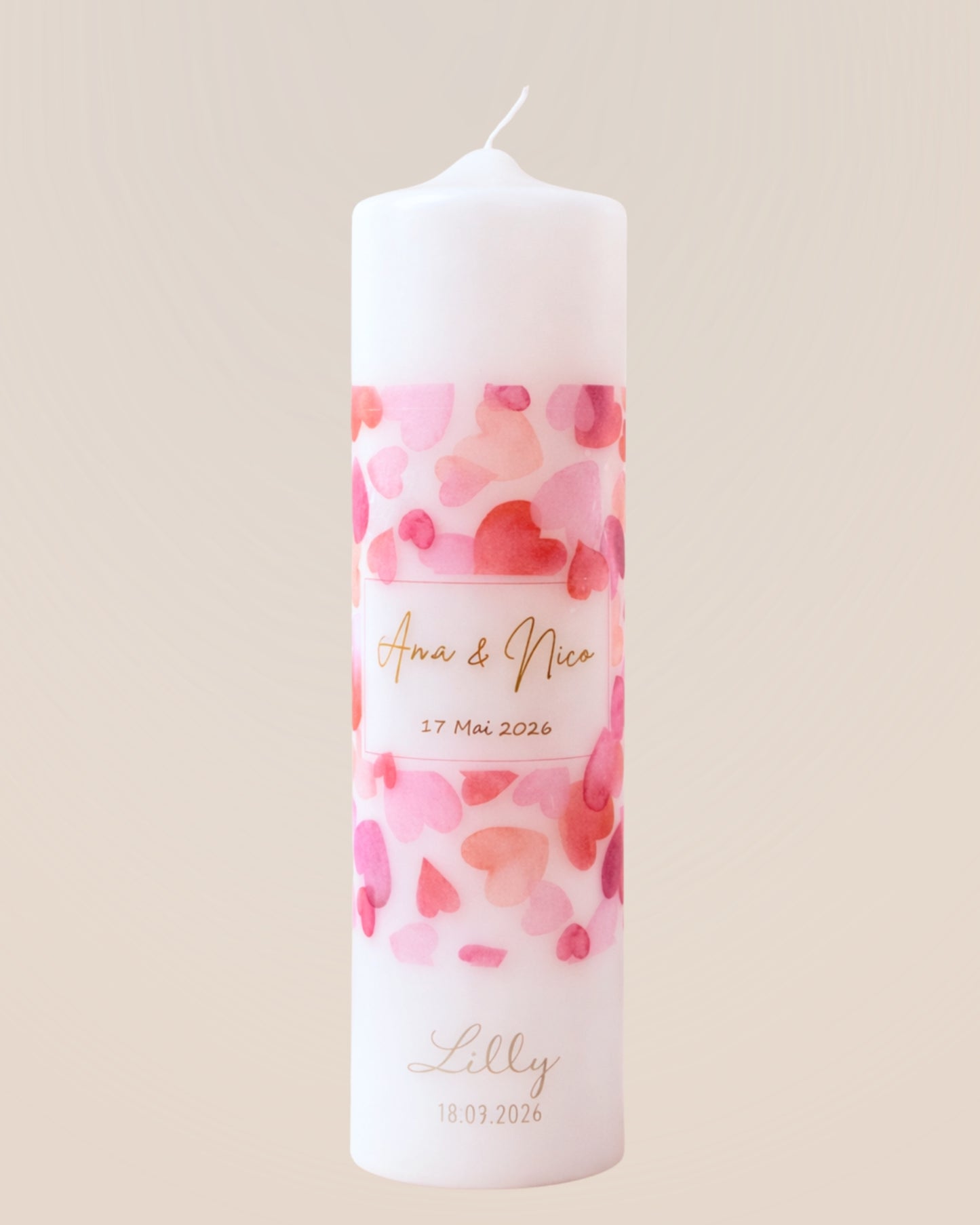 Personalisierte Hochzeitskerze mit Aquarellherzen – Namen, Datum & Trauspruch