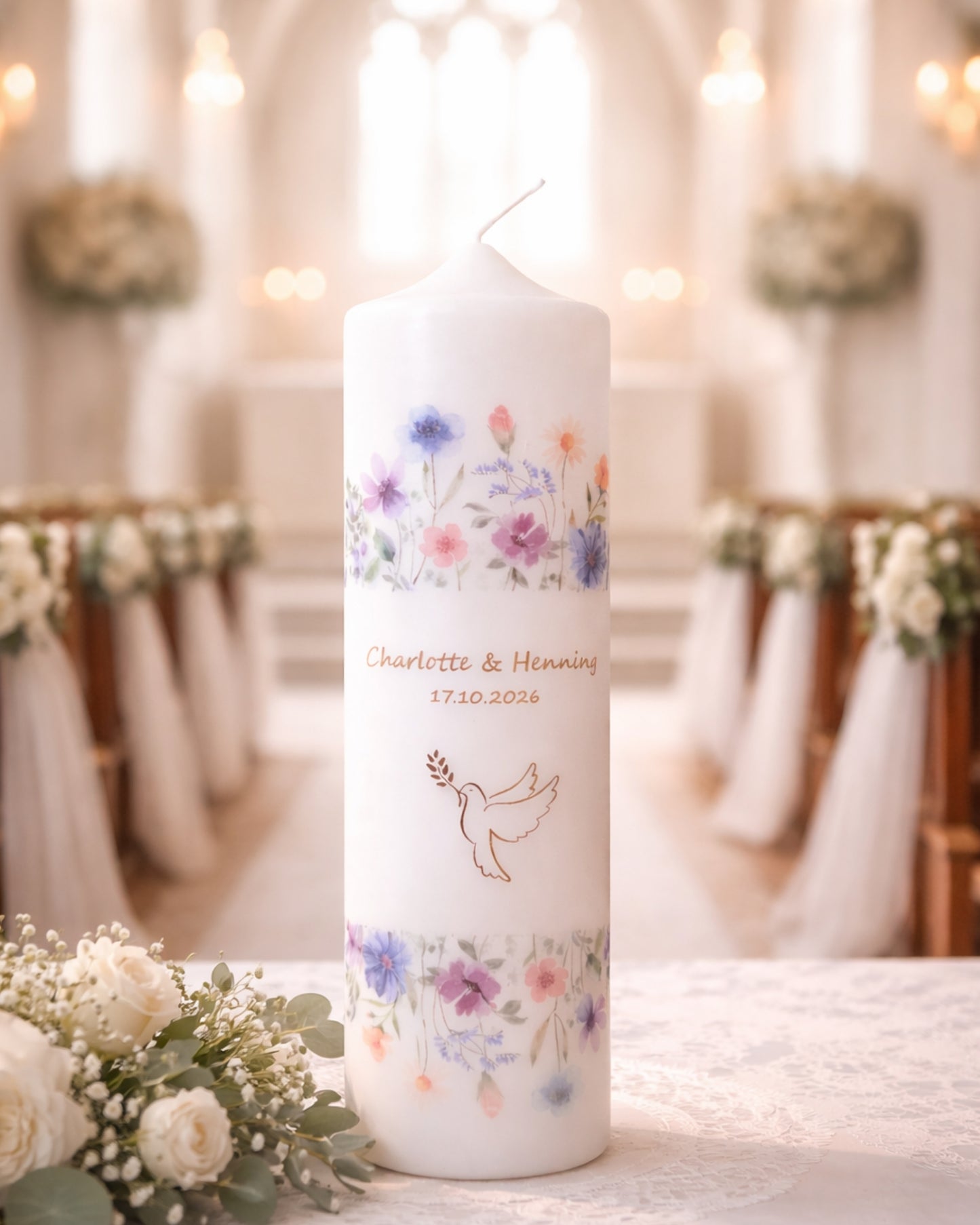 Personalisierte Kerze mit Aquarell-Blumenwiese – Namen, Datum & Trauspruch