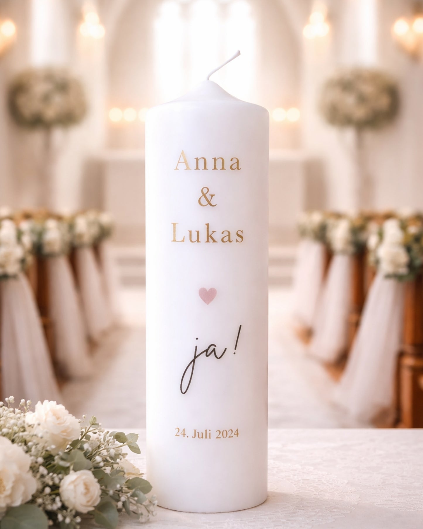 Personalisierte Hochzeitskerze „Ja“ mit Herz – Namen, Datum & Trauspruch