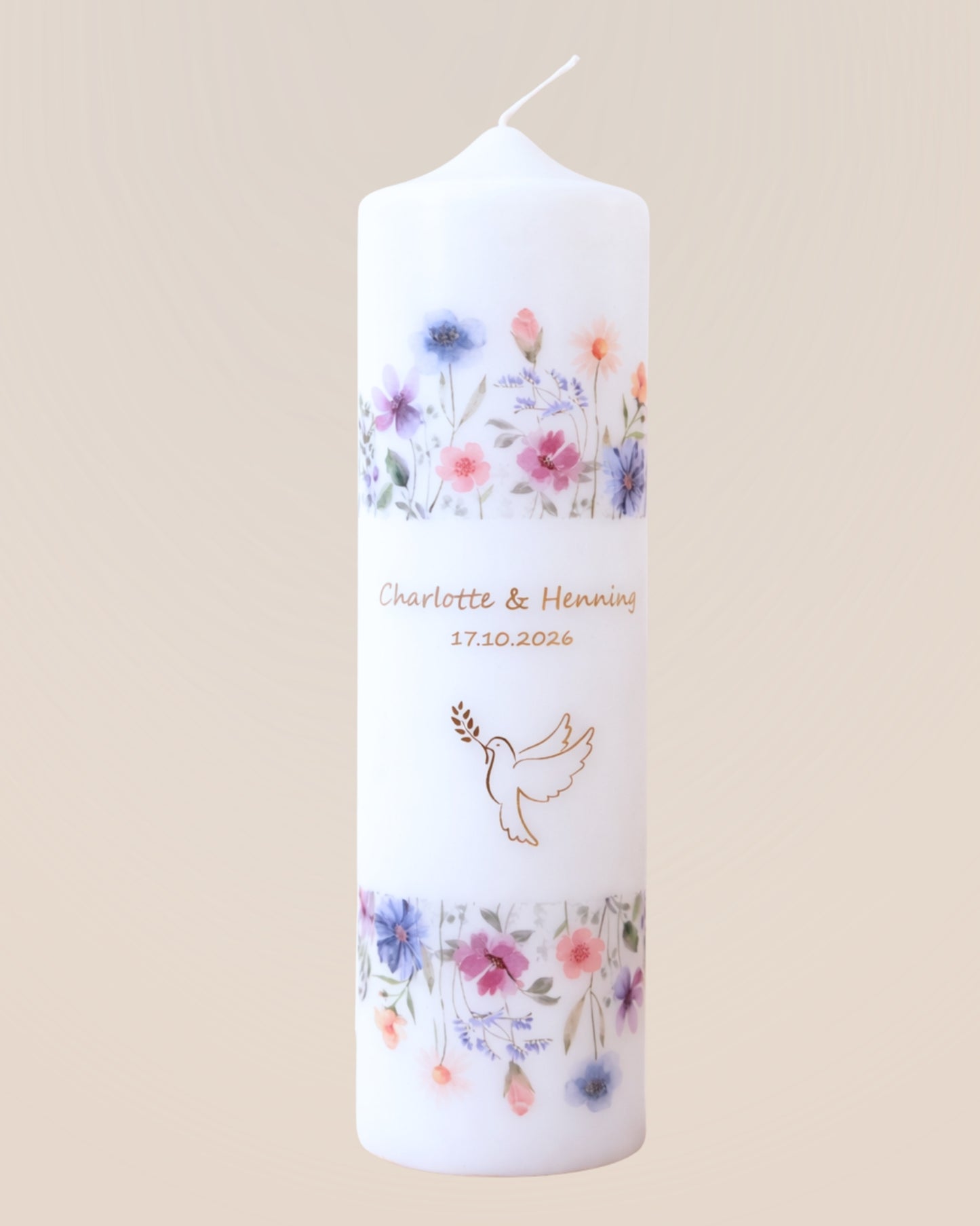 Personalisierte Kerze mit Aquarell-Blumenwiese – Namen, Datum & Trauspruch