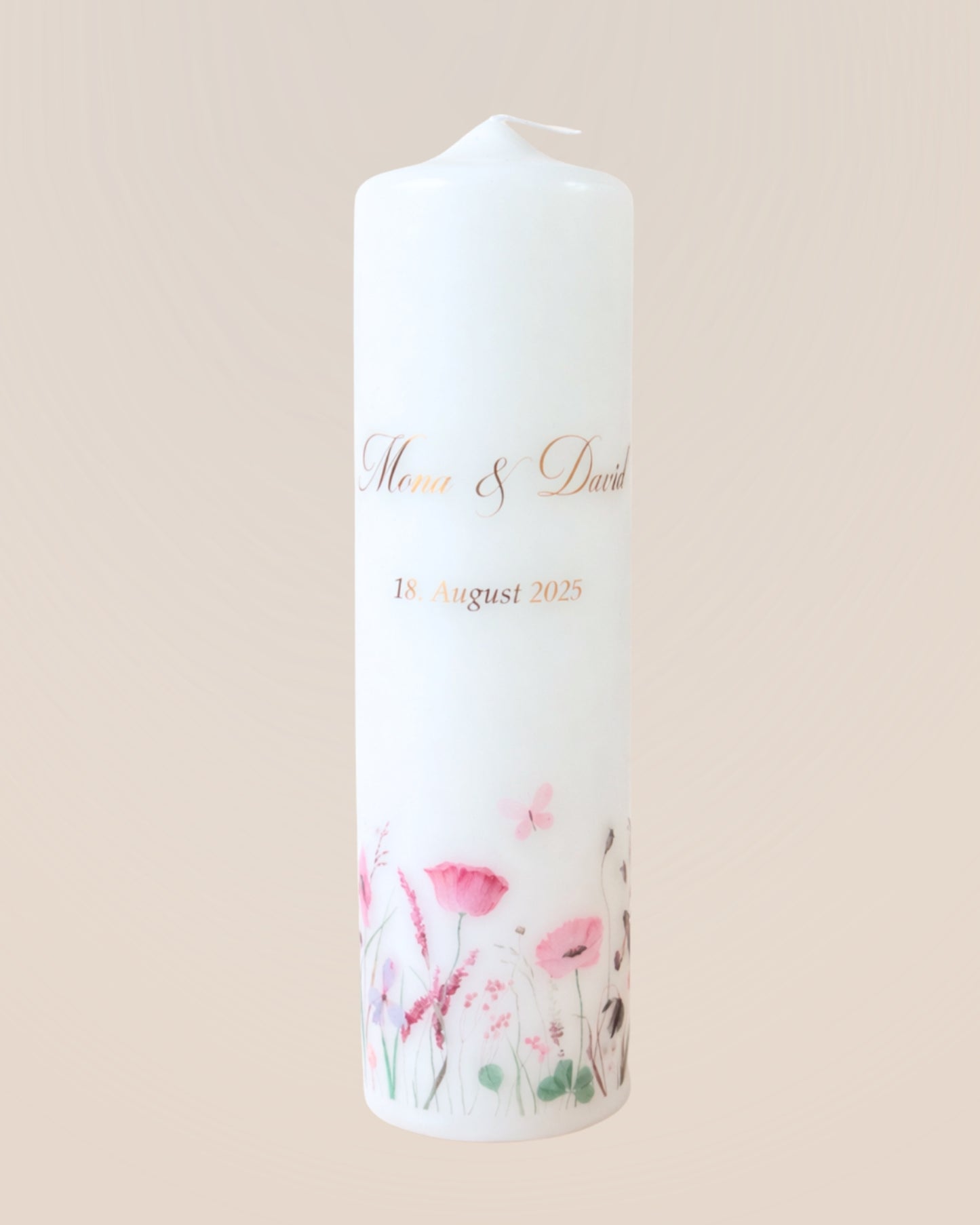 Personalisierte Hochzeitskerze mit Aquarell-Blumenwiese – Namen, Datum & Trauspruch
