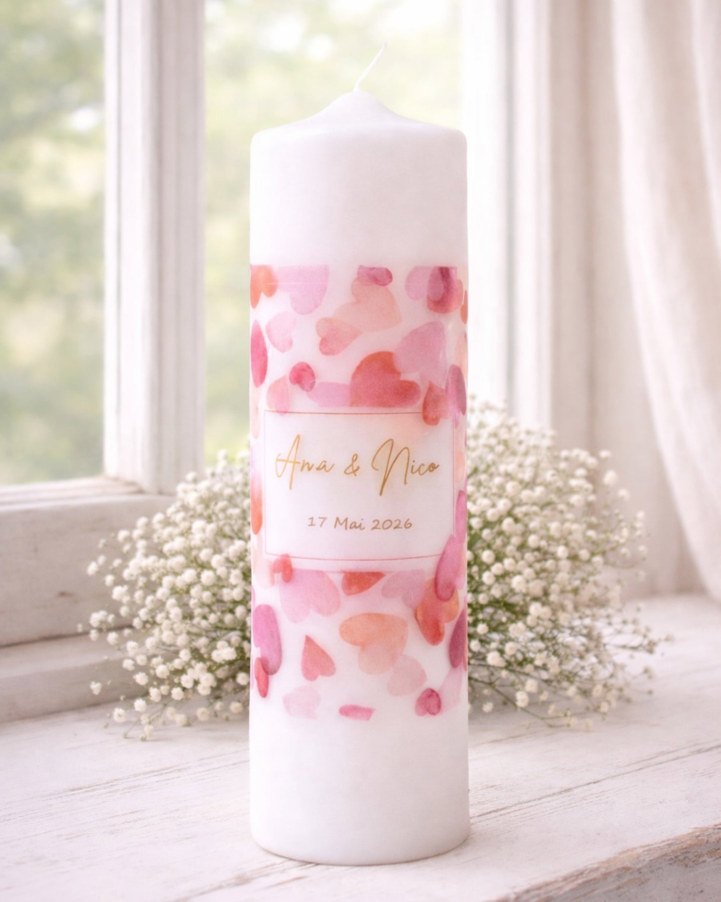 Personalisierte Hochzeitskerze mit Aquarellherzen – Namen, Datum & Trauspruch
